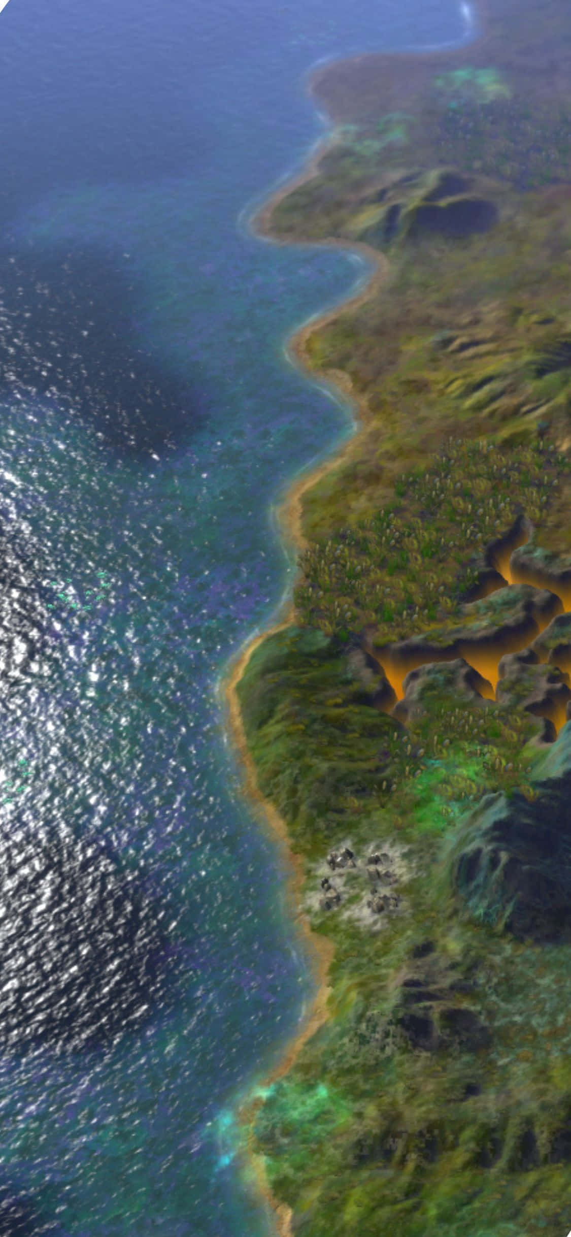 iPhone XS《文明：太空》地圖背景 壁紙 — 蜿蜒海岸線的鳥瞰圖，深藍色海洋與鬱鬱蔥蔥的綠色山丘交匯，發光的橙色河流流淌其中。