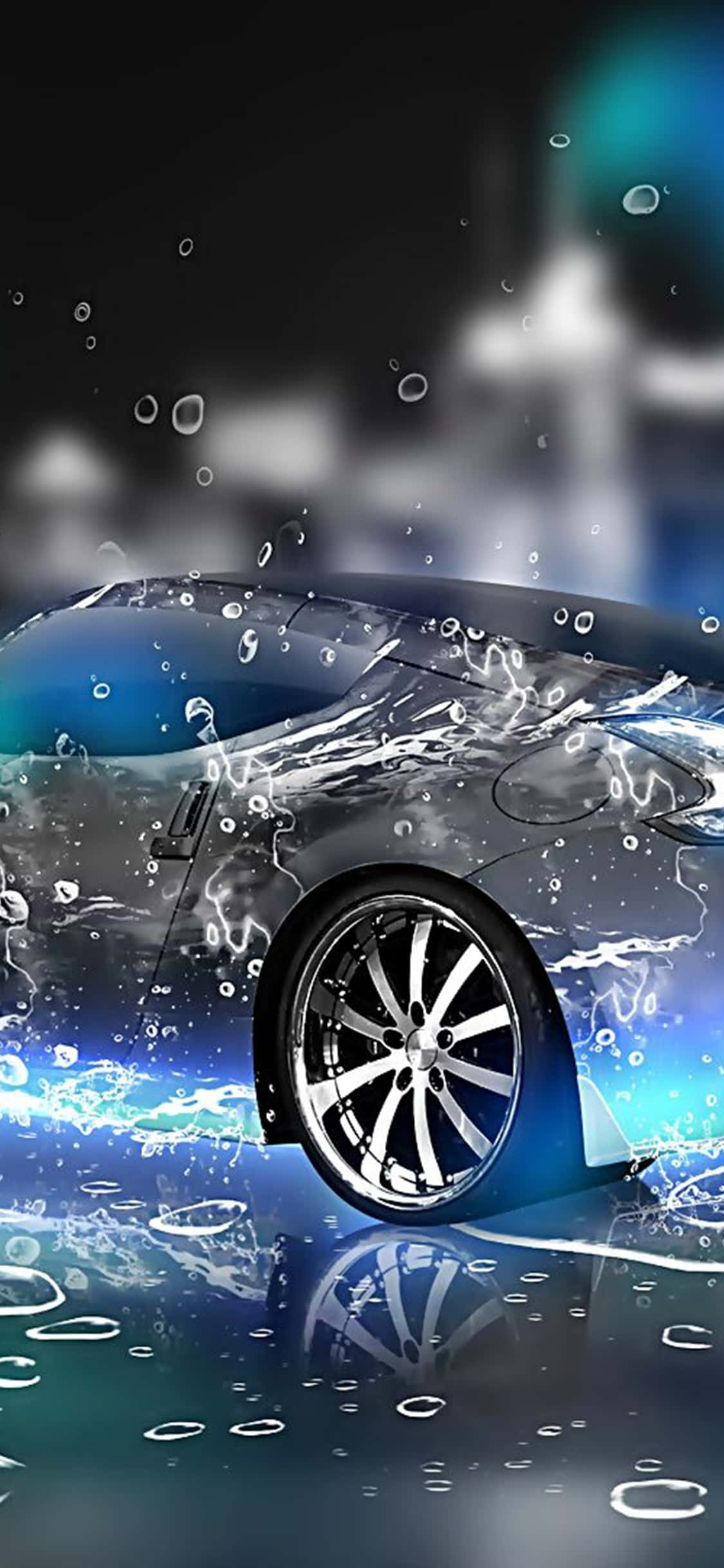 iPhone XS 桌面電腦銀色汽車水花背景 壁紙 — 一輛時尚的黑色跑車從發光的藍色水中浮現，伴隨著動態的水花和氣泡，在霓虹燈光下。