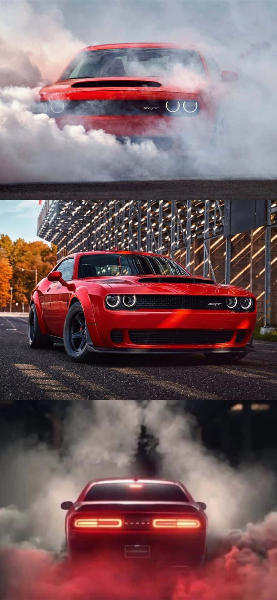 紅色 Dodge Challenger SRT 在秋樹下的賽道上冒煙飄移。