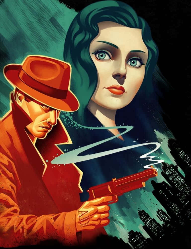 iPhone XS《生化奇兵無限》Burial at Sea - Episode 1海報背景 壁紙 — 一位擁有青綠色頭髮的蛇蠍美人與一位戴紅色軟呢帽的男子，在黑色電影風格的城市景觀中手持冒煙的槍。