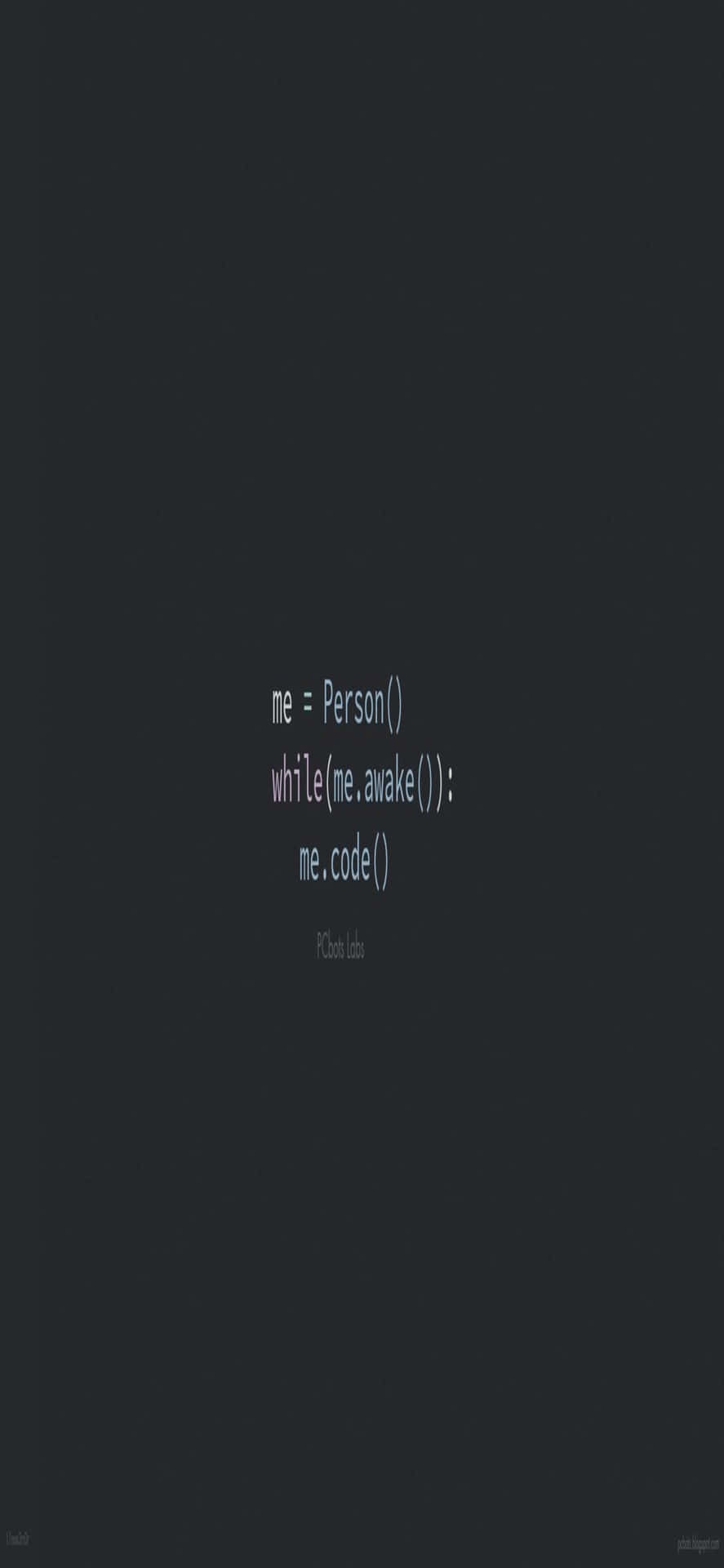 深灰色背景，帶有發光代碼文字，內容為 me equals Person while me awake me code