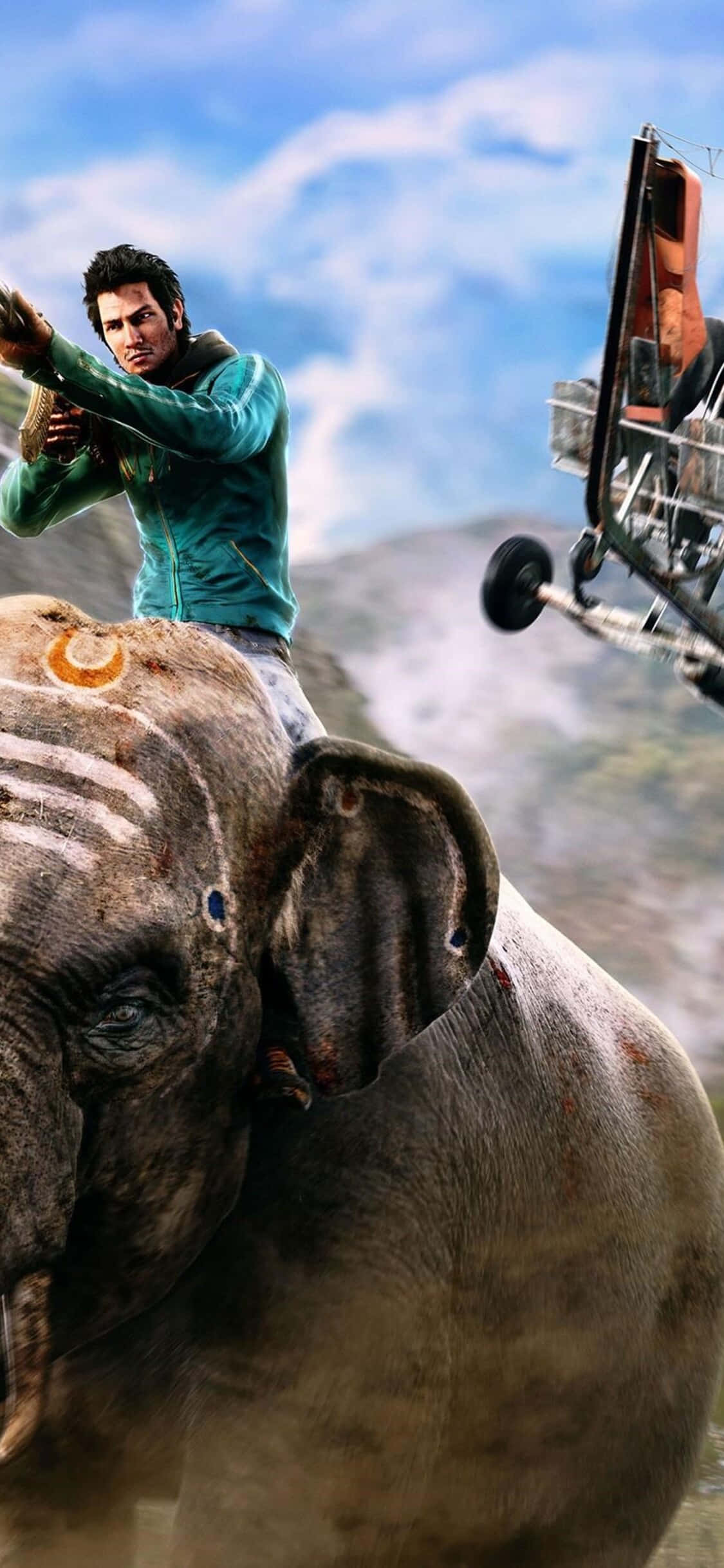 iPhone Xs 與《Far Cry 4》打造高階遊戲體驗 壁紙 — 一名身穿青綠色外套的男子騎著一頭大象，背景中一隻鶴在群山環繞的天空中翻轉。