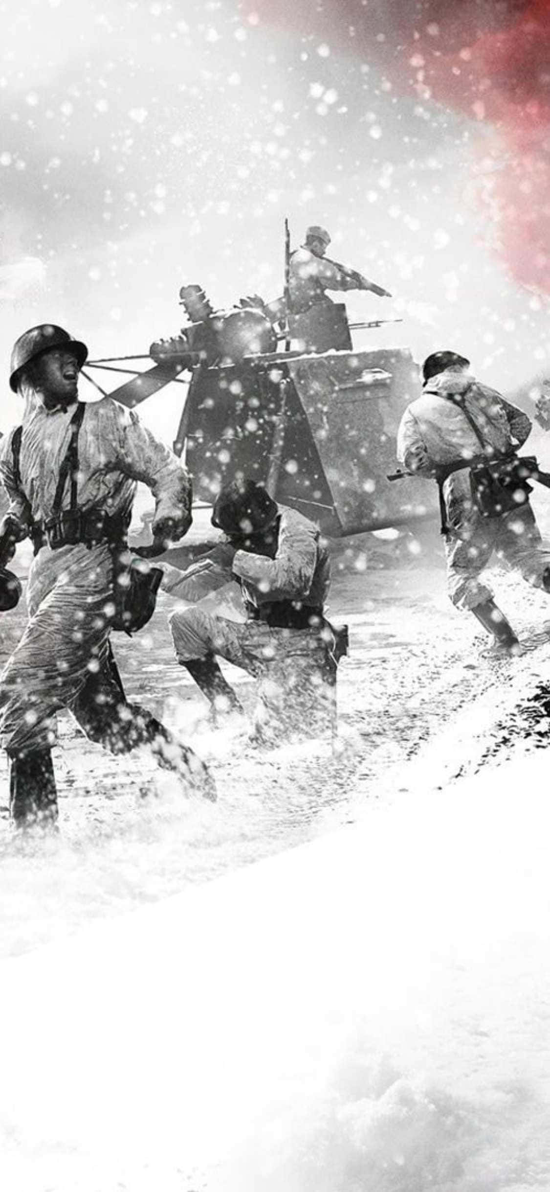 iPhone XS《英雄連隊2》背景河中戰鬥 壁紙 — 穿著冬季裝備的士兵在雪地中前進，背景有坦克、飄雪和紅煙。