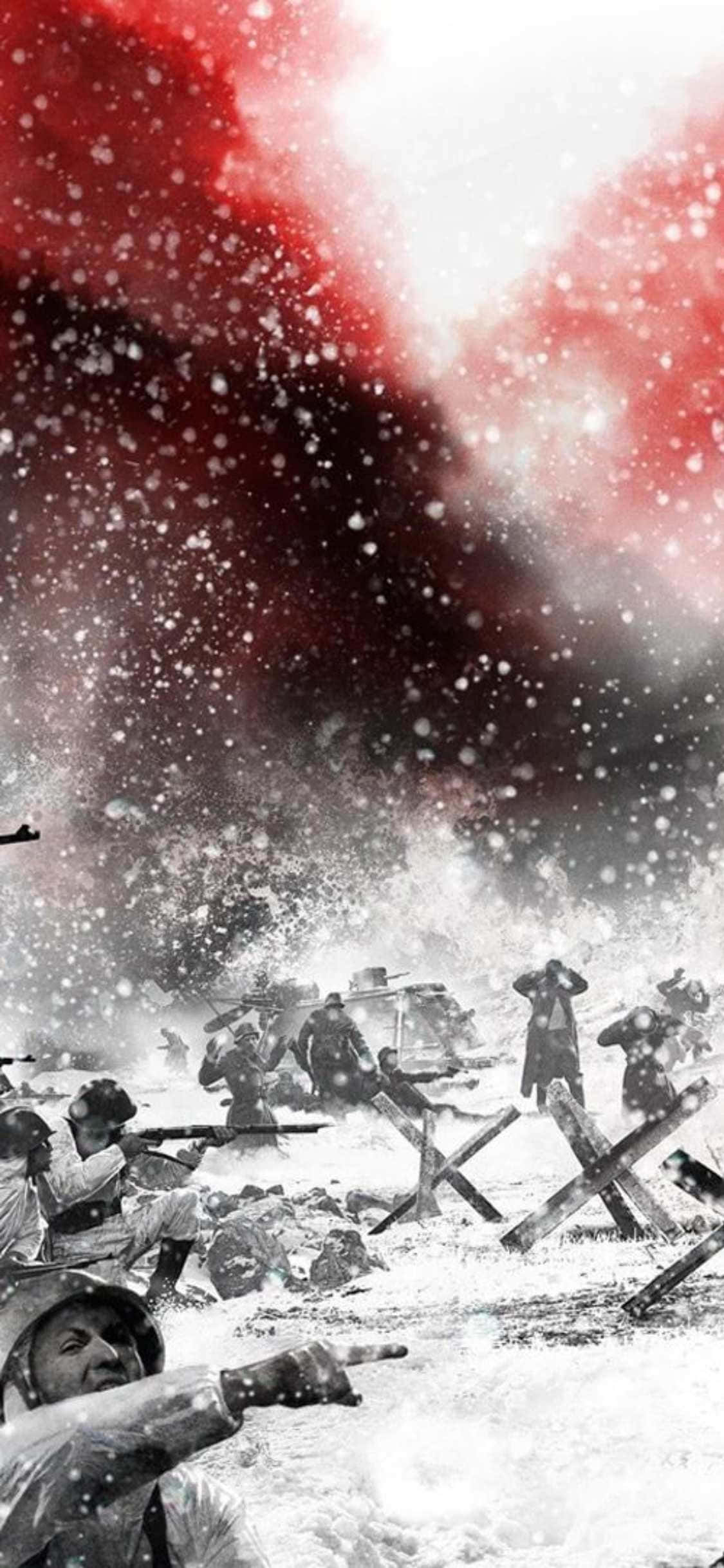 iPhone XS《英雄連隊2》背景進攻戰場 壁紙 — 士兵在積雪的戰壕中開火步槍，紅色煙霧在頭頂翻騰，呈現殘酷的冬季戰鬥場景。