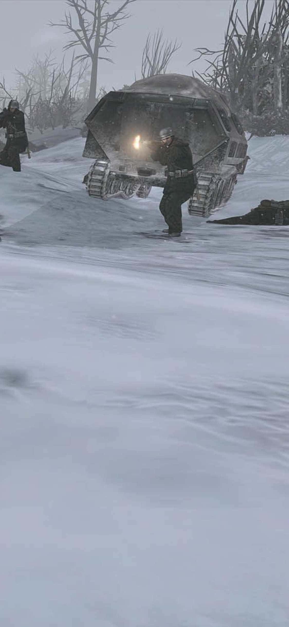 iPhone XS《英雄連隊2》背景：雪地戰場中開火的士兵 壁紙 — 一名身穿深色裝備的士兵在灰色冬日天空下，於深雪中推動一輛履帶裝甲車。