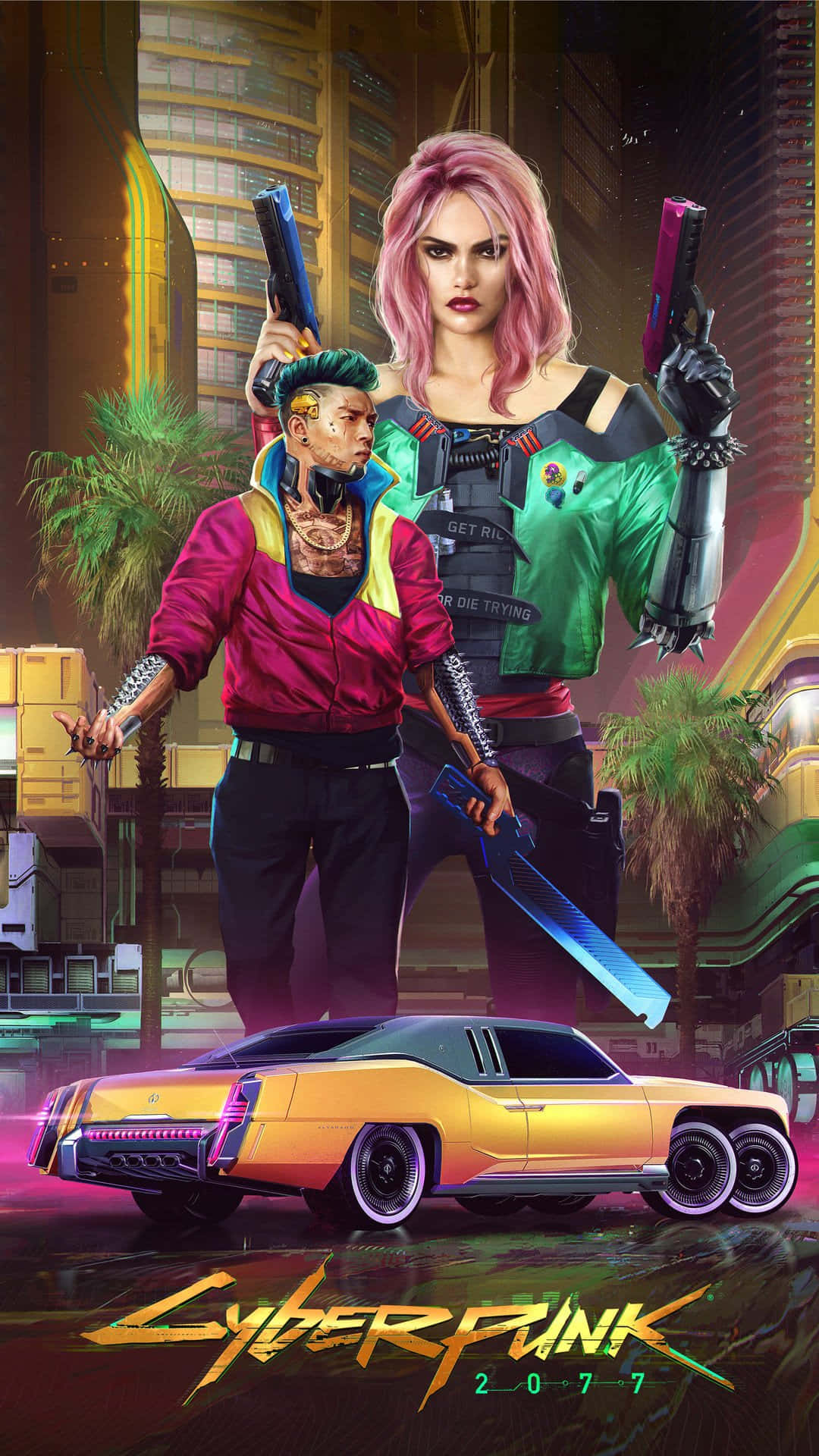 iPhone XS《賽博朋克2077》 Kitsch 風格背景 壁紙 — 兩個賽博龐克角色持槍站在一輛發光的黃色汽車上，背景是霓虹燈照亮的未來城市景觀。