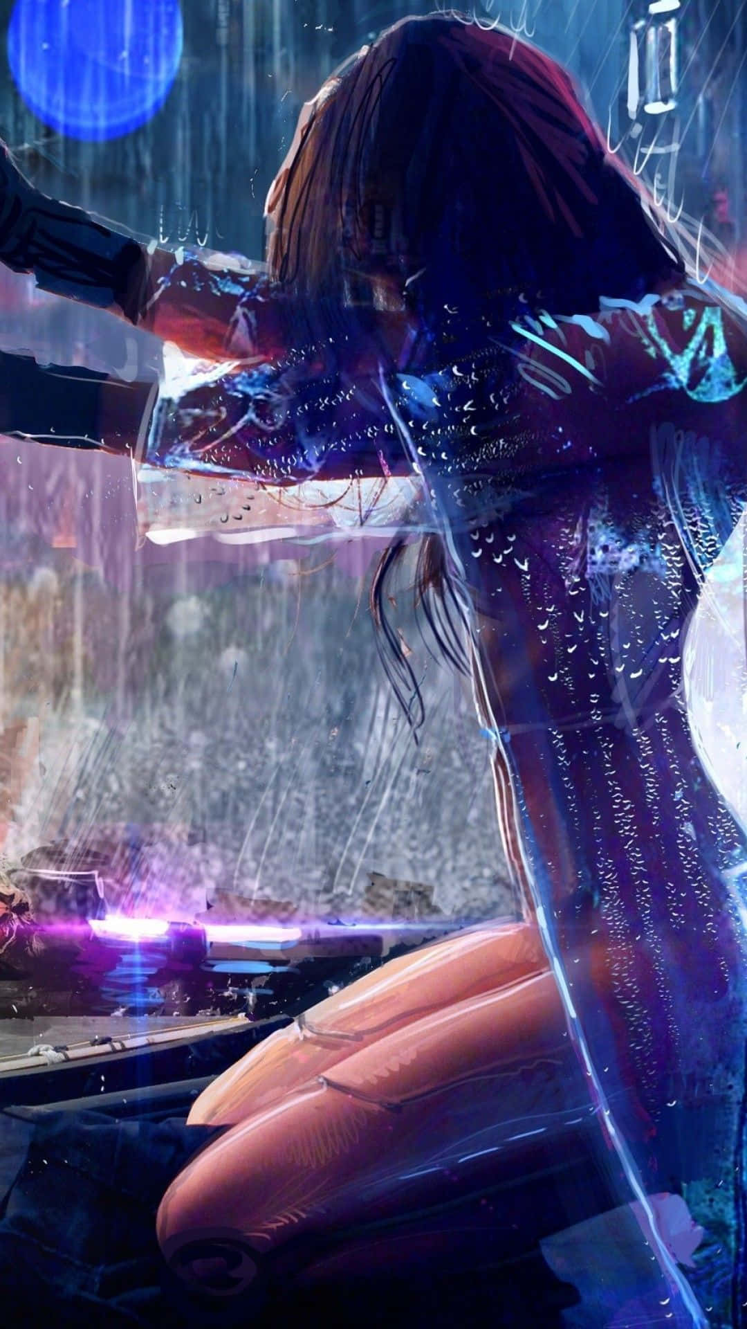 iPhone XS《賽博朋克2077》機械人背景 壁紙 — 一個孤獨的身影在雨濕的未來城市景觀中，跪在霓虹燈和落雨之下。