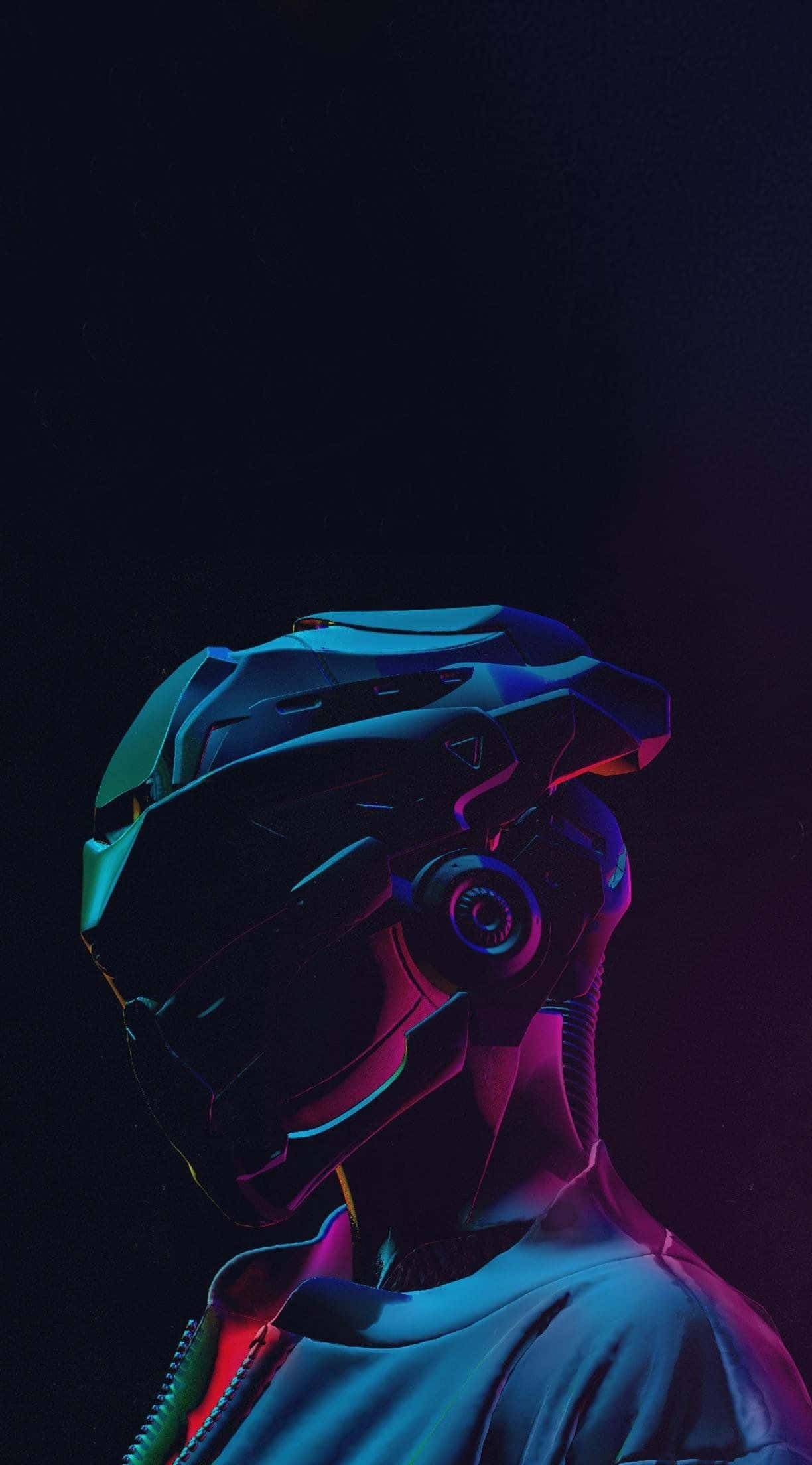 iPhone XS《賽博朋克2077》霓虹機器人背景 壁紙 — 一個戴著頭盔的未來風格人物在黑暗背景中散發著霓虹藍和粉紅色的光芒。