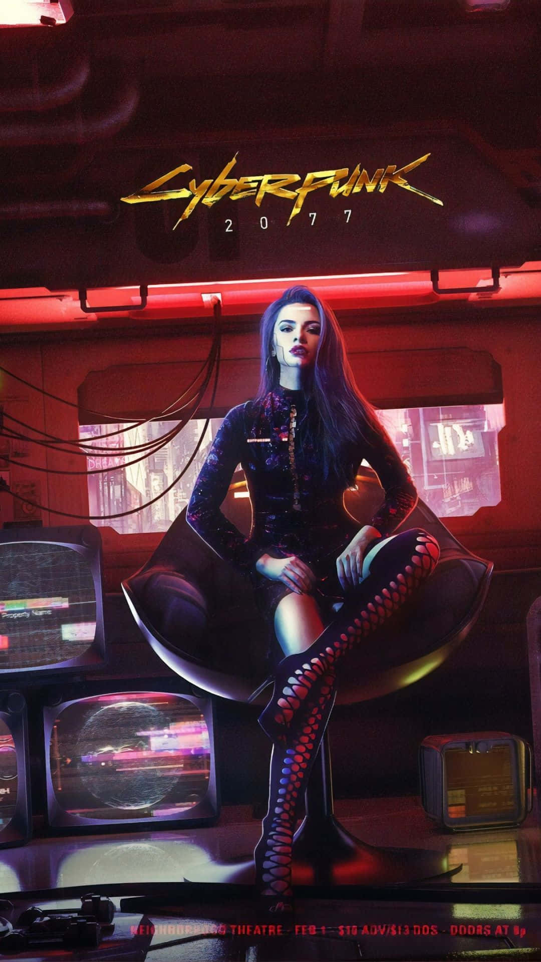 iPhone XS《賽博朋克2077》機械女郎背景 壁紙 — 一位長黑髮的賽博龐克女性自信地坐在一張未來主義椅子上，周圍環繞著發光的紅色霓虹燈和復古顯示器。