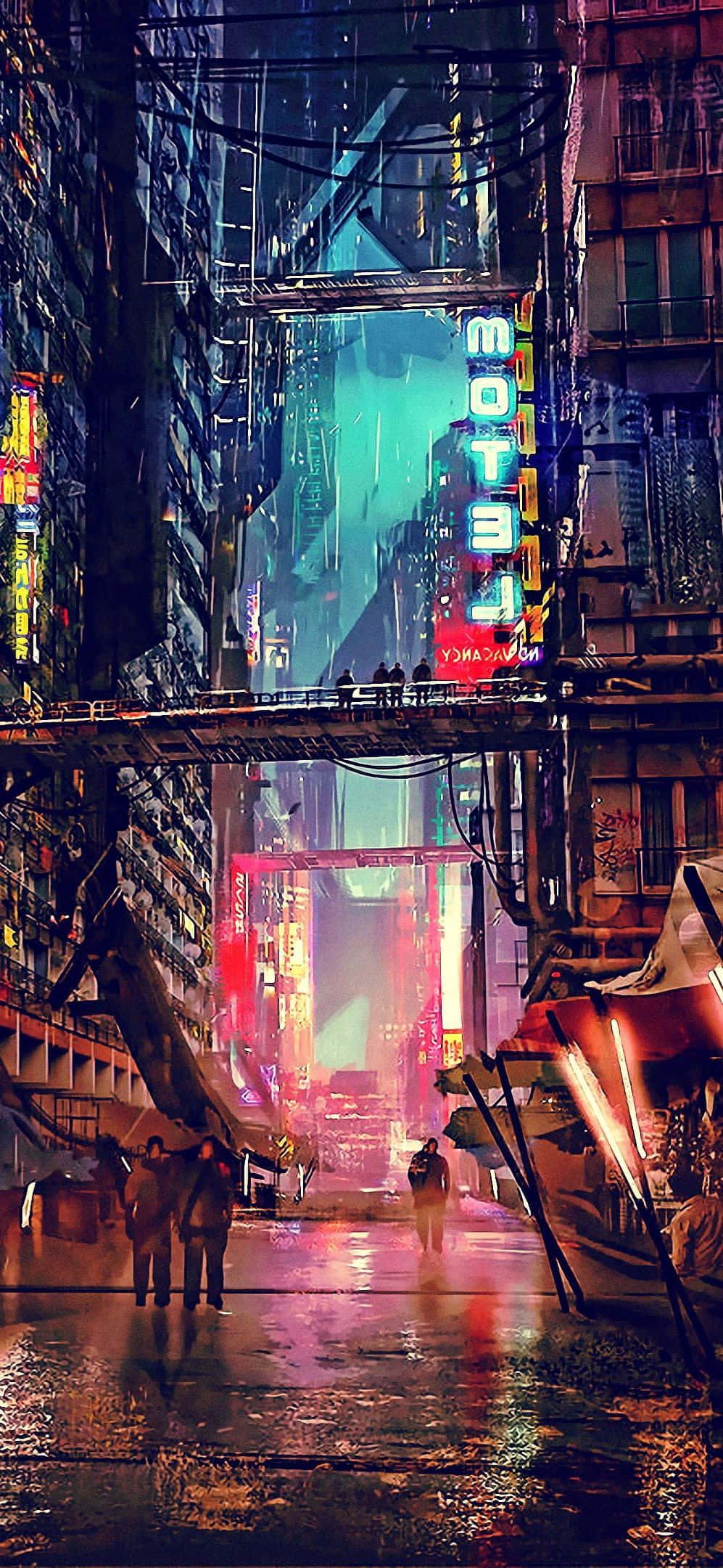 iPhone XS《賽博朋克2077》街景背景 壁紙 — 賽博龐克城市中一條被雨水浸濕的霓虹小巷，高聳的建築物和發光的招牌在潮濕的路面上反射。