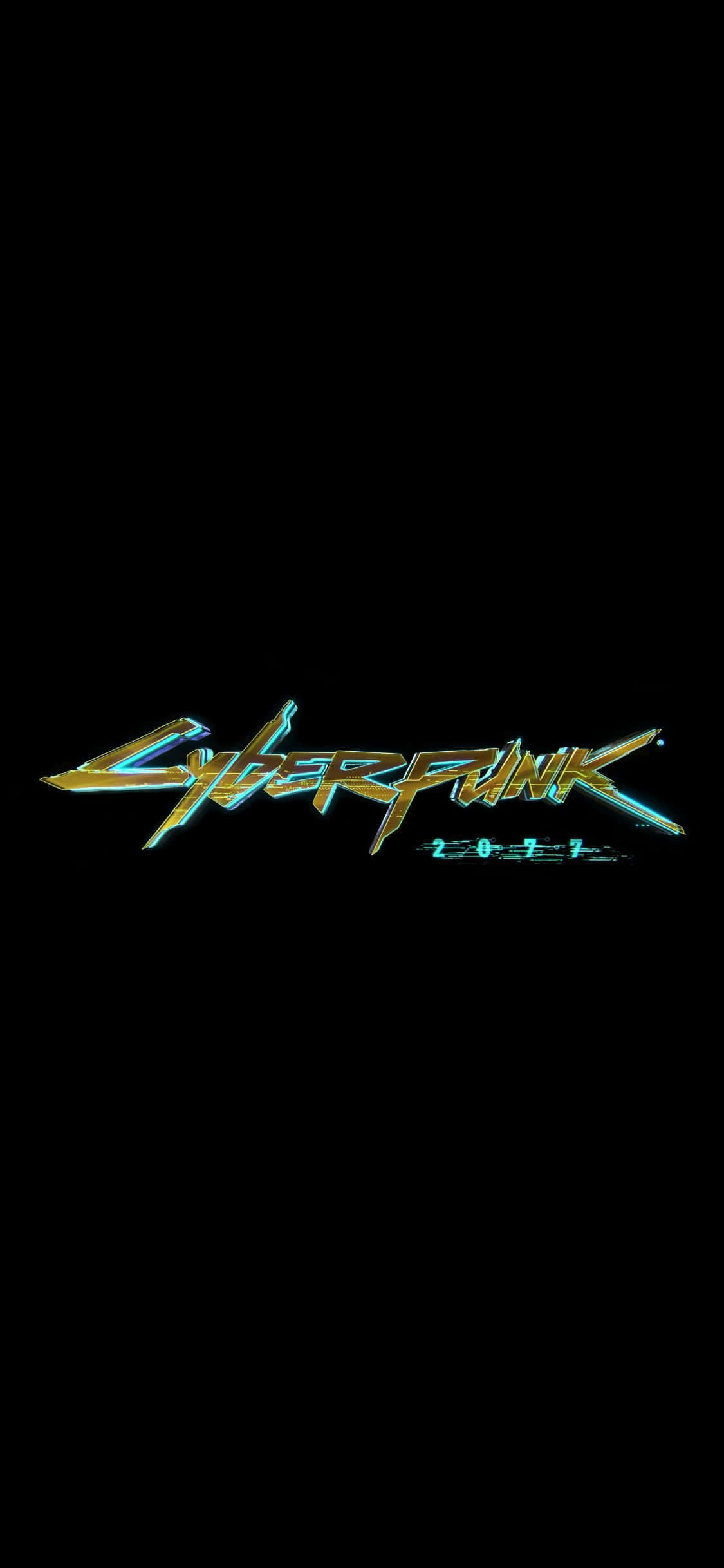 iPhone XS《賽博朋克2077》標誌背景 壁紙 — 發光的霓虹燈「Cyberpunk 2077」標誌在漆黑背景上脈動，帶有電光藍和金色點綴。