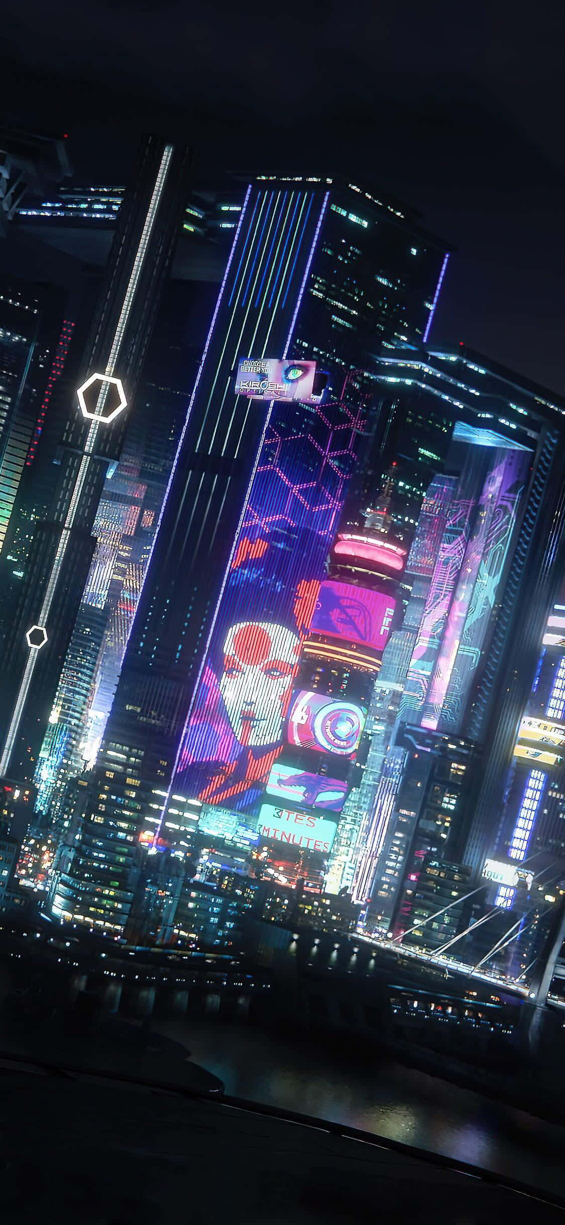 iPhone XS《賽博朋克2077》夜城背景 壁紙 — 夜晚被霓虹燈淹沒的賽博龐克城市景觀，高聳的摩天大樓展示著充滿活力的全息廣告和發光的數碼廣告牌。
