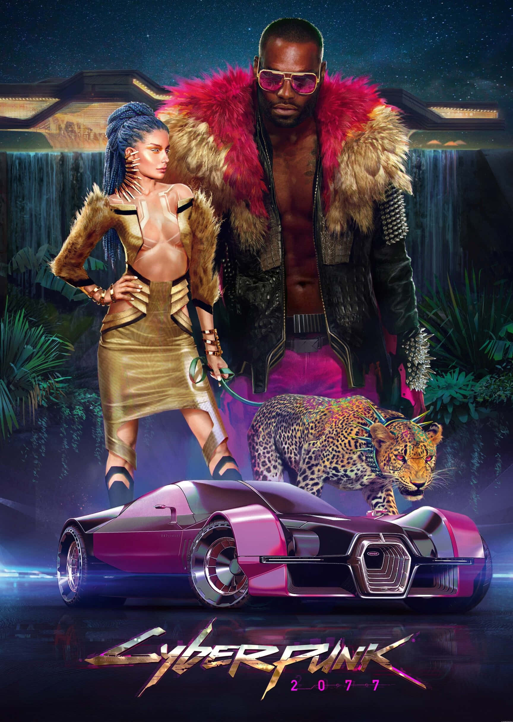 iPhone XS《賽博朋克2077》新 kitsch 風格背景 壁紙 — 兩個穿著毛領外套的賽博龐克角色，在夜晚霓虹燈照亮的叢林中，站在一輛發光的粉紅色跑車旁，車旁還有一隻機械豹。