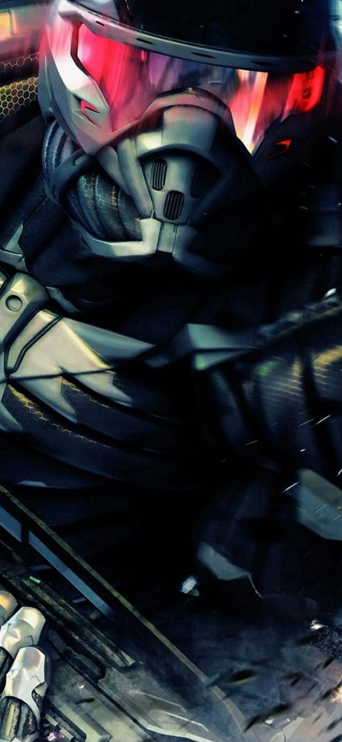 iPhone XS 遊戲背景： Crysis 2 壁紙 — 一名身穿暗色盔甲、戴著發光紅色護目鏡的未來戰士蹲在粗糙的城市戰場上。