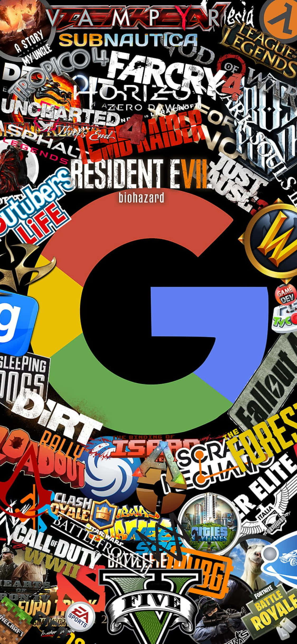 iPhone XS 遊戲背景：Google 標誌 壁紙 — 一個充滿活力的拼貼畫，展示圍繞中央Google標誌爆發的電子遊戲標誌和標題。