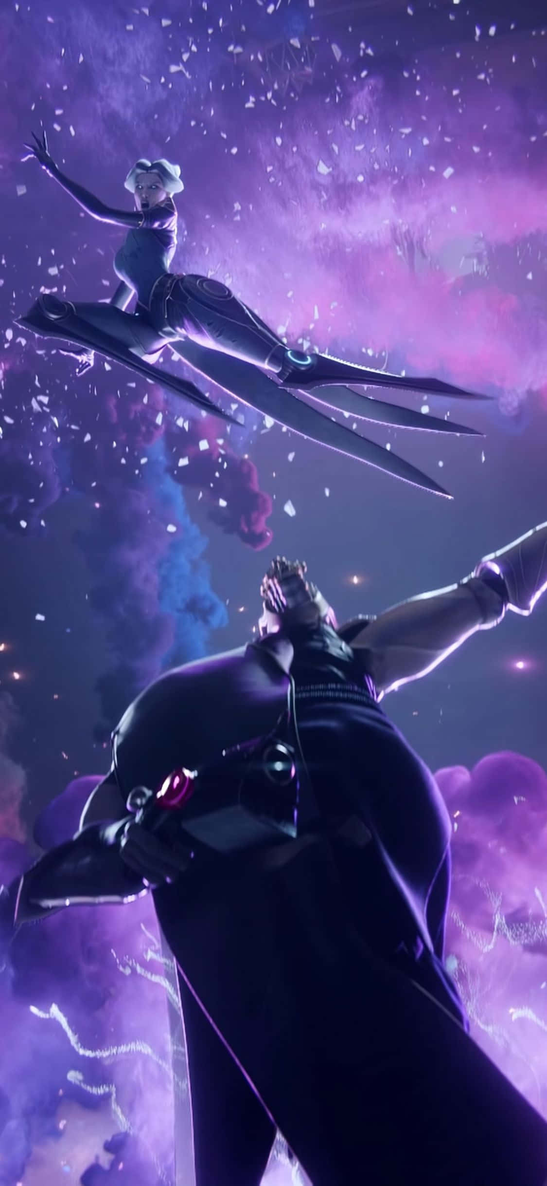 iPhone XS 遊戲背景：Jhin 與 Camille 壁紙 — 一個未來風格的動漫角色在光滑的懸浮滑板上滑行，穿越宇宙紫色星雲，下方另一個角色向上伸手。