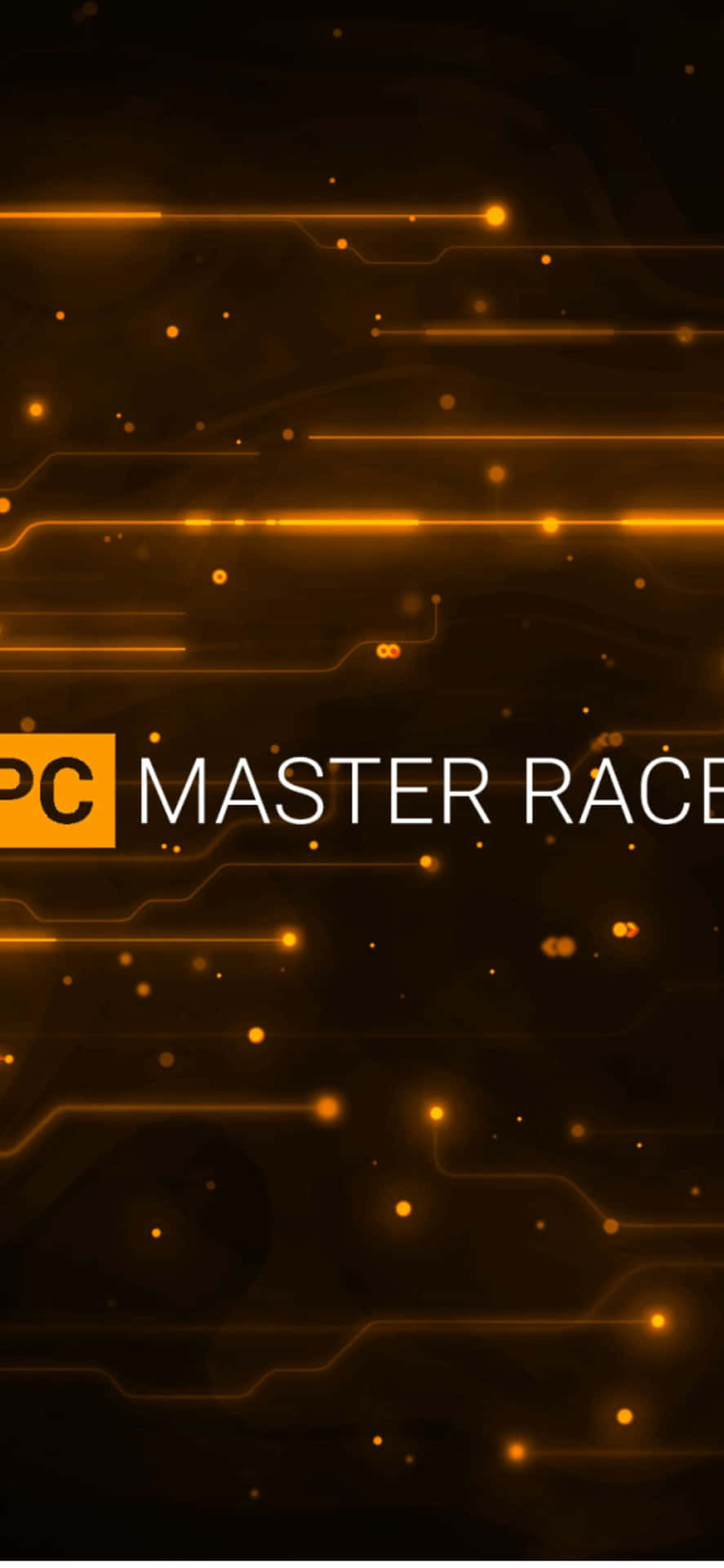 深色背景上帶有 PC MASTER RACE 文字的橙色發光電路線條和圓點。