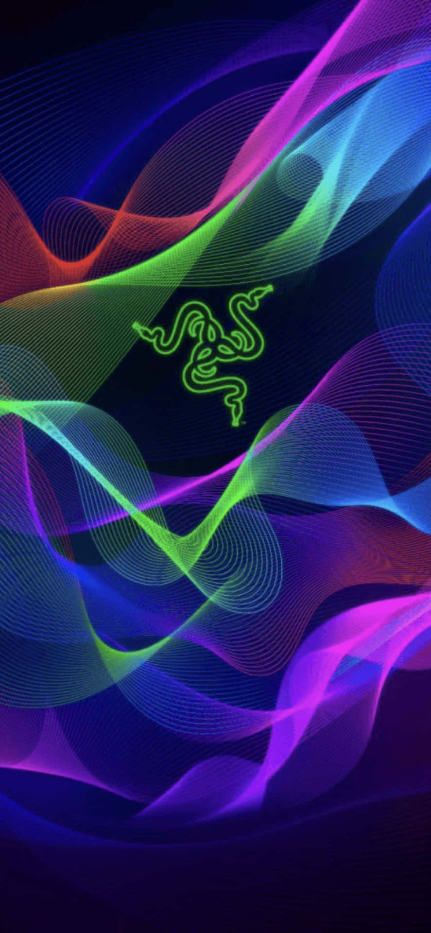 彩虹霓虹波浪在黑暗背景上圍繞發光的綠色Razer標誌旋轉。