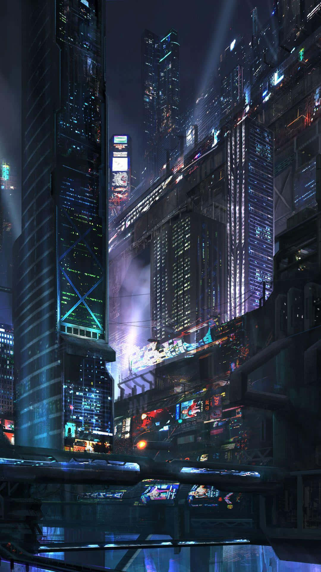 iPhone XS《賽博朋克2077》未來都市背景 壁紙 — 夜晚高聳的賽博龐克城市景觀，摩天大樓上霓虹燈閃爍，雨中飛行車輛穿梭。