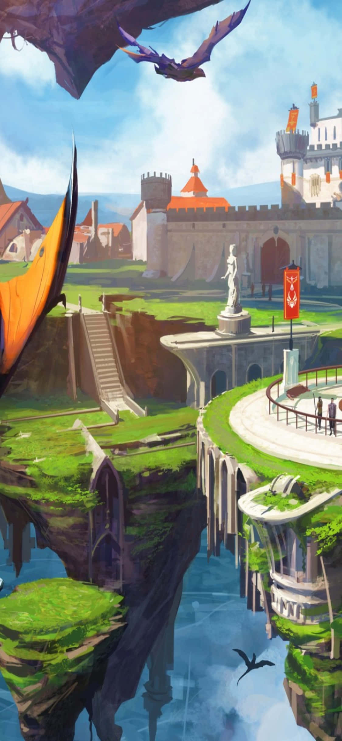 iPhone XS《Runescape》背景壁紙：城堡與飛龍插畫 壁紙 — 一座充滿活力的奇幻城市漂浮在鏡面湖上的懸崖上，龍在頭頂翱翔，遠處有一座城堡。