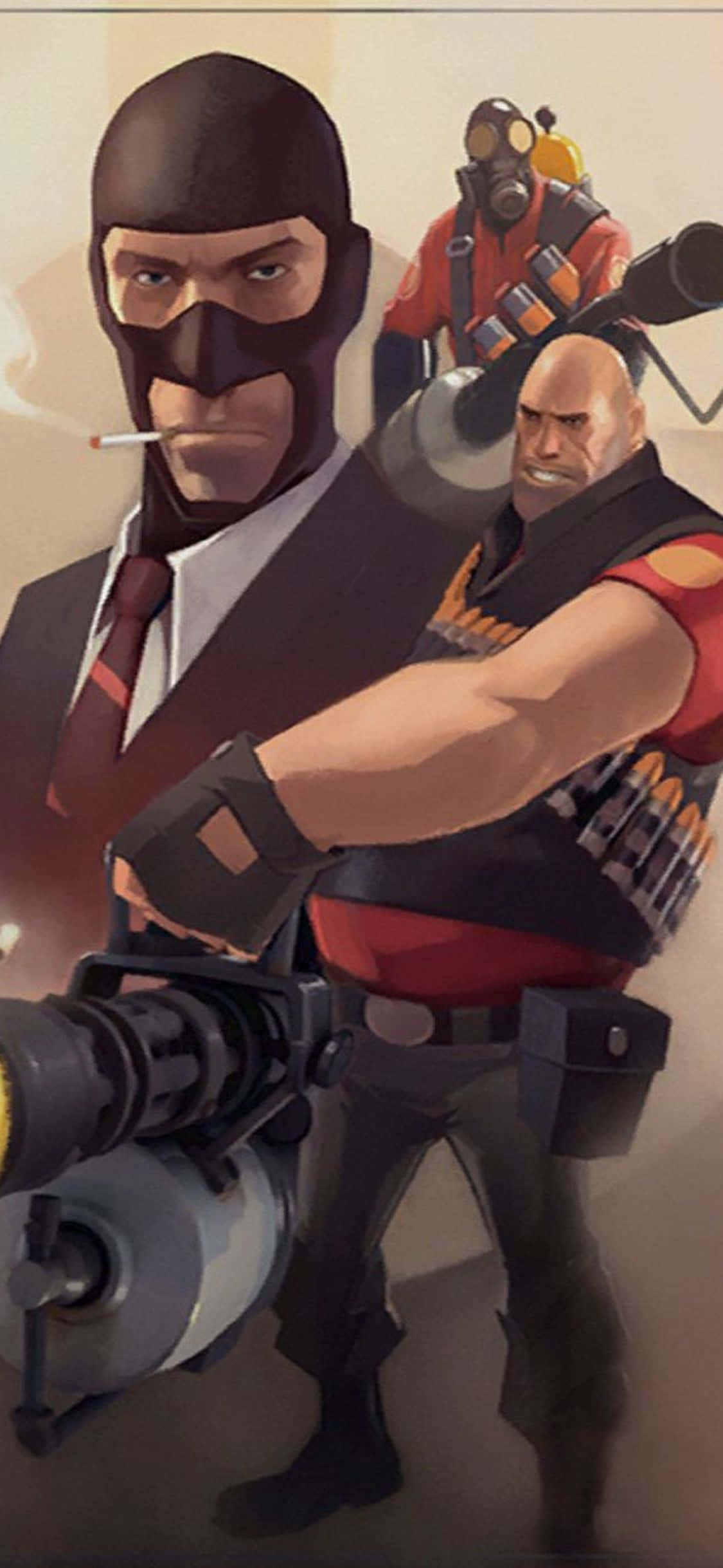 iPhone XS《Team Fortress 2》背景：間諜、火槍手與重裝兵海報 壁紙 — 兩個武裝遊戲角色身穿戰術裝備，一個抽煙，另一個手持重型武器，準備就緒。