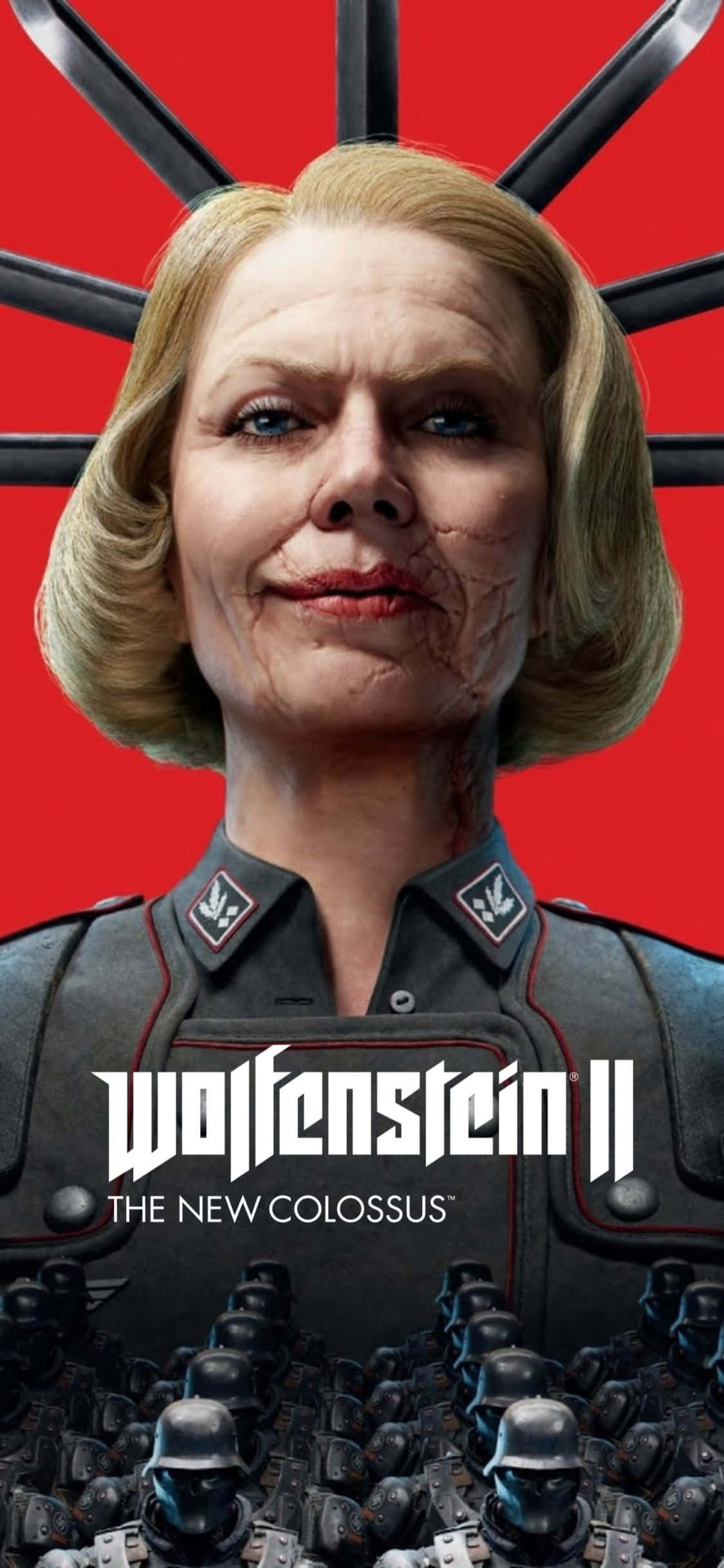 iPhone XS《Wolfenstein II》艾琳·恩格爾與納粹隊伍背景 壁紙 — 一位穿著納粹制服、臉部破裂的嚴肅女性，站在紅色背景前，背景有黑色尖刺和下方的機器人士兵行列。