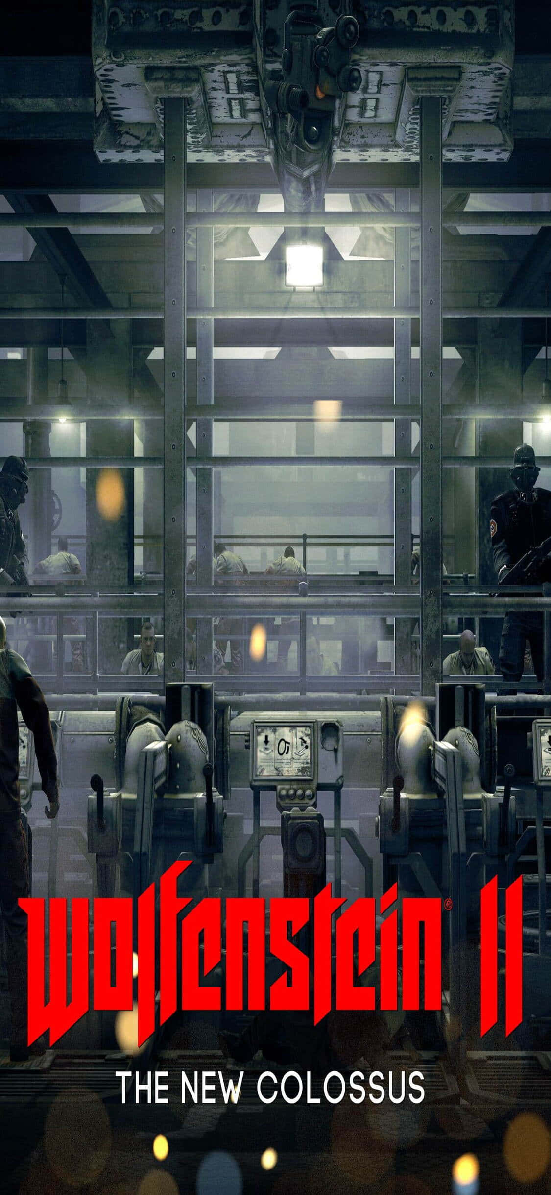 iPhone XS《Wolfenstein II》倉庫基地背景 壁紙 — 一個黑暗的工業設施，帶有發光的燈光和武裝警衛，處於反烏托邦的環境中。
