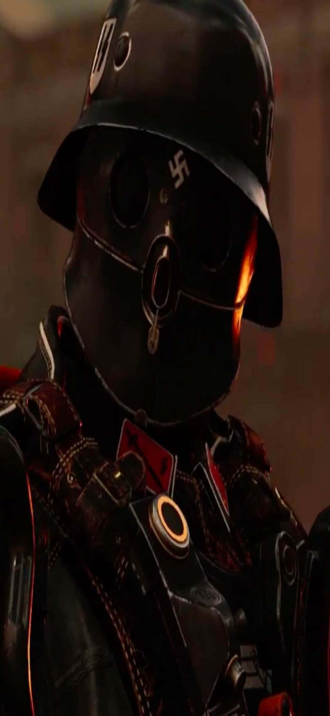 iPhone Xs《Wolfenstein II》納粹黑衣裝背景 壁紙 — 近距離拍攝一名士兵，戴著黑色頭盔和防毒面具，上有卐字標誌，在溫暖的橙色燈光下。