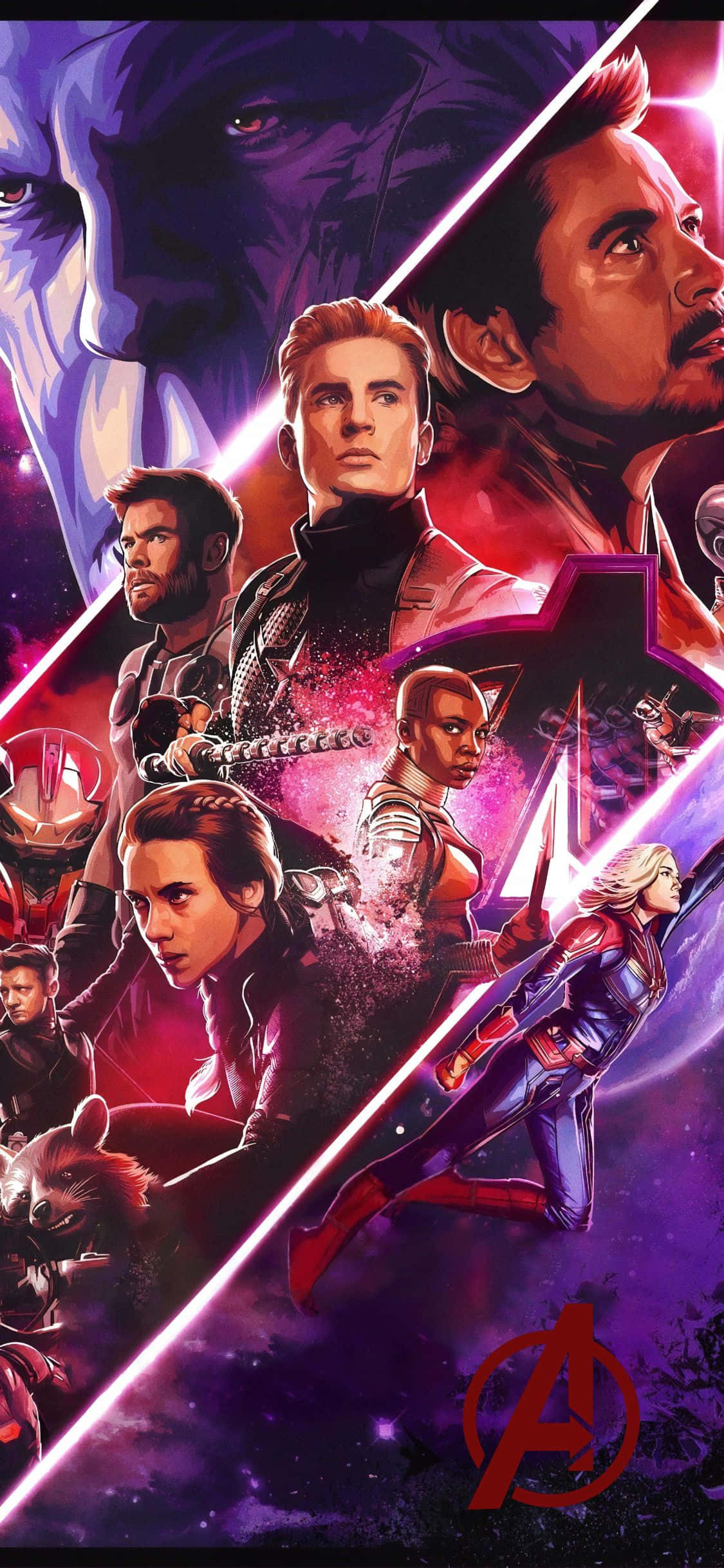 iPhone XS復仇者聯盟背景：滅霸與終局英雄 壁紙 — 動感漫畫風格海報，復仇者聯盟英雄在充滿活力的紫色和粉紅色星空背景下擺出宇宙戰鬥姿勢。