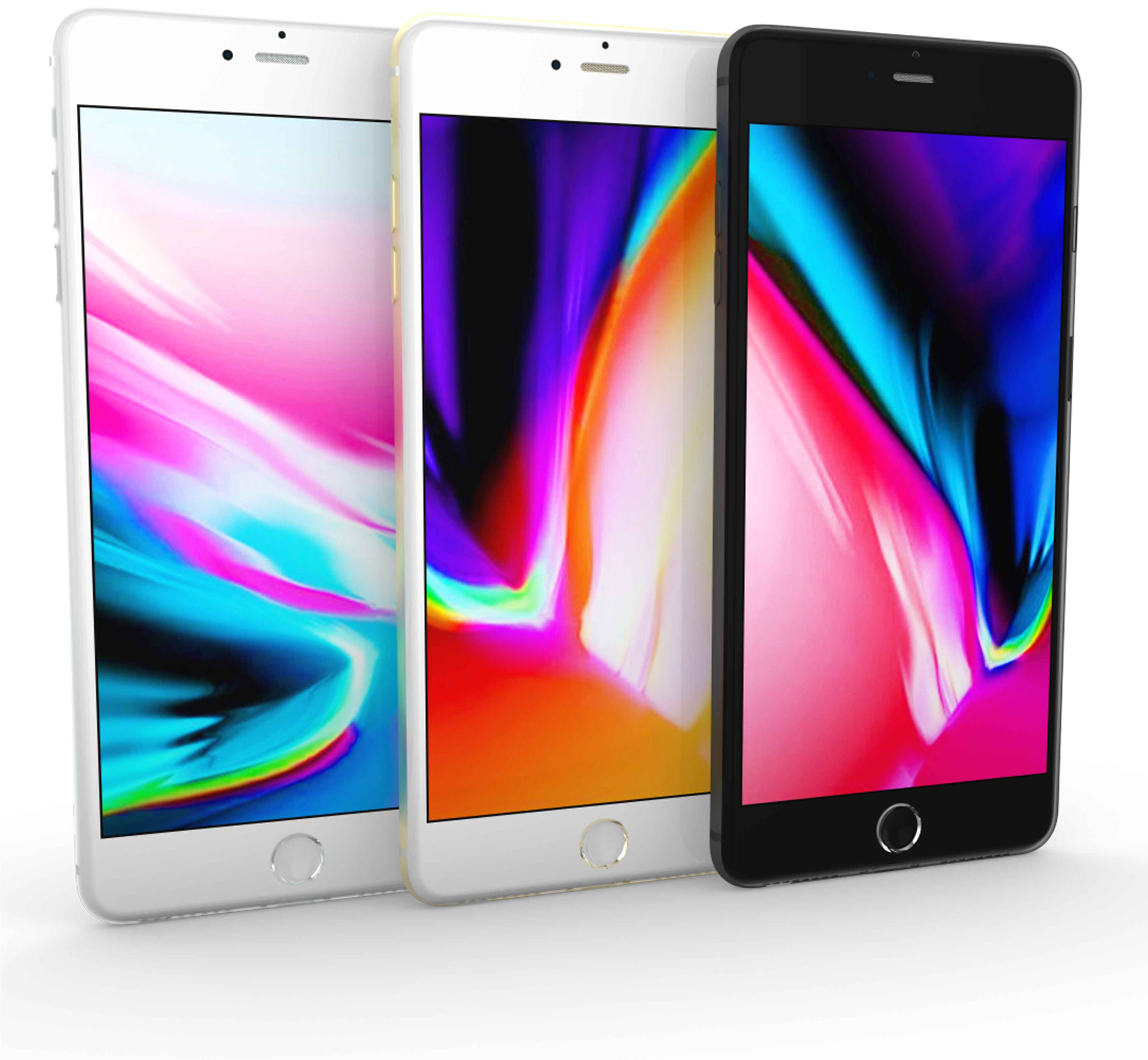 蘋果iPhone多彩螢幕三聯展示 壁紙 — 三部智能手機在黑色背景上顯示色彩繽紛的抽象壁紙。