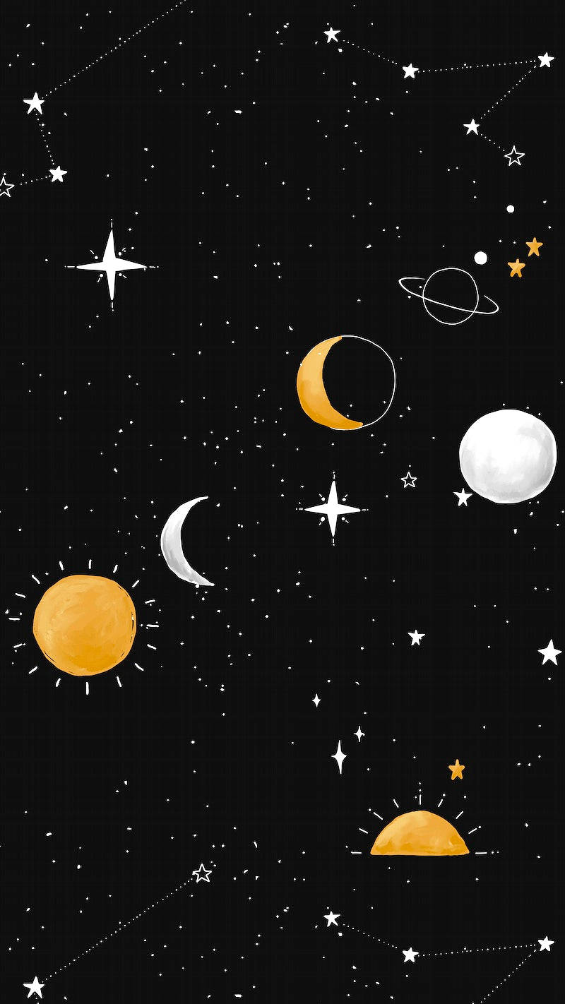 銀河iPhone背景 壁紙 — 一個異想天開的手繪宇宙，發光的行星、月球和星星散落在黑色背景上。