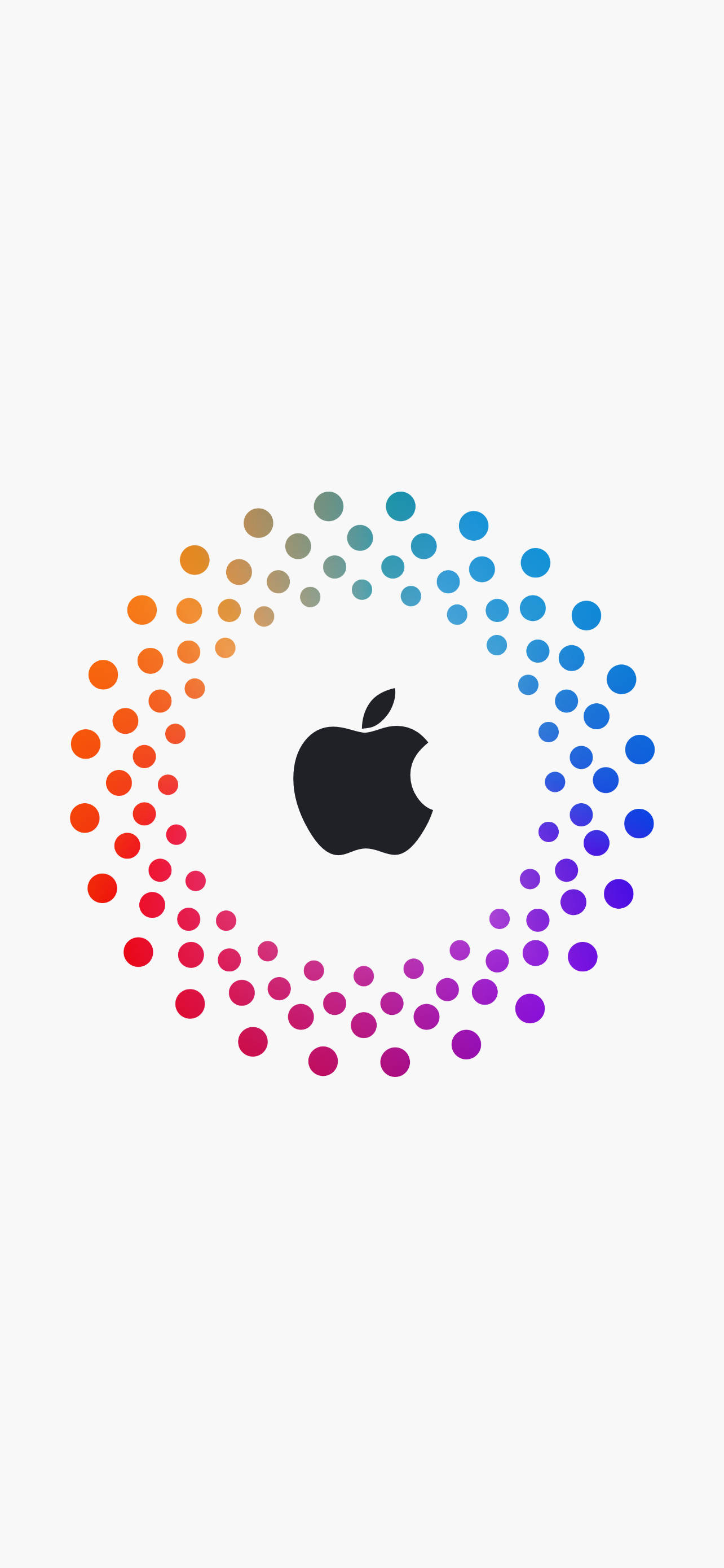iPhone蘋果彩色斑點 壁紙 — 一個極簡的Apple標誌，置中於一個充滿活力的彩虹點漸變圓圈內，背景為淺灰色。