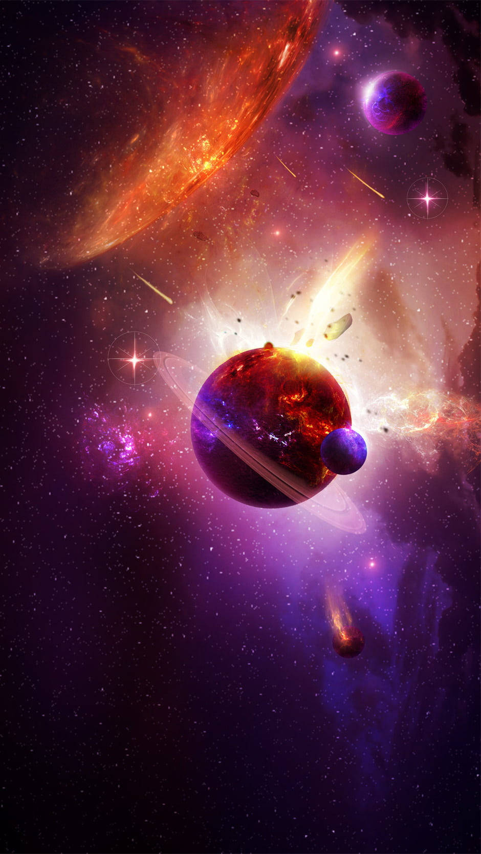 熾熱土星星際iPhone壁紙 壁紙 — 一個充滿活力的宇宙場景，發光的行星、星雲和流星在深紫色和火橙色的太空中旋轉。