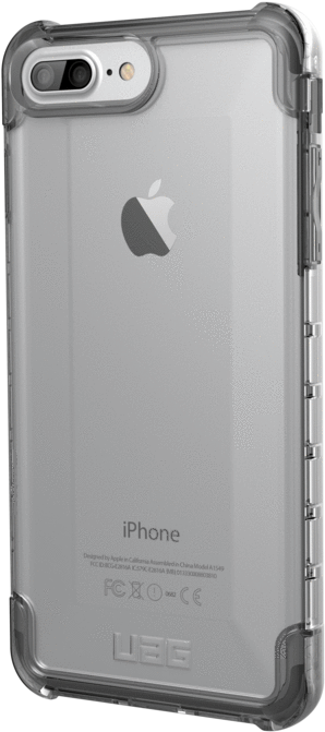 白色iPhone配透明保護殼 壁紙 — 一個透明堅固的手機殼，包裹著一部帶有可見 Apple 標誌和相機模組的 iPhone。
