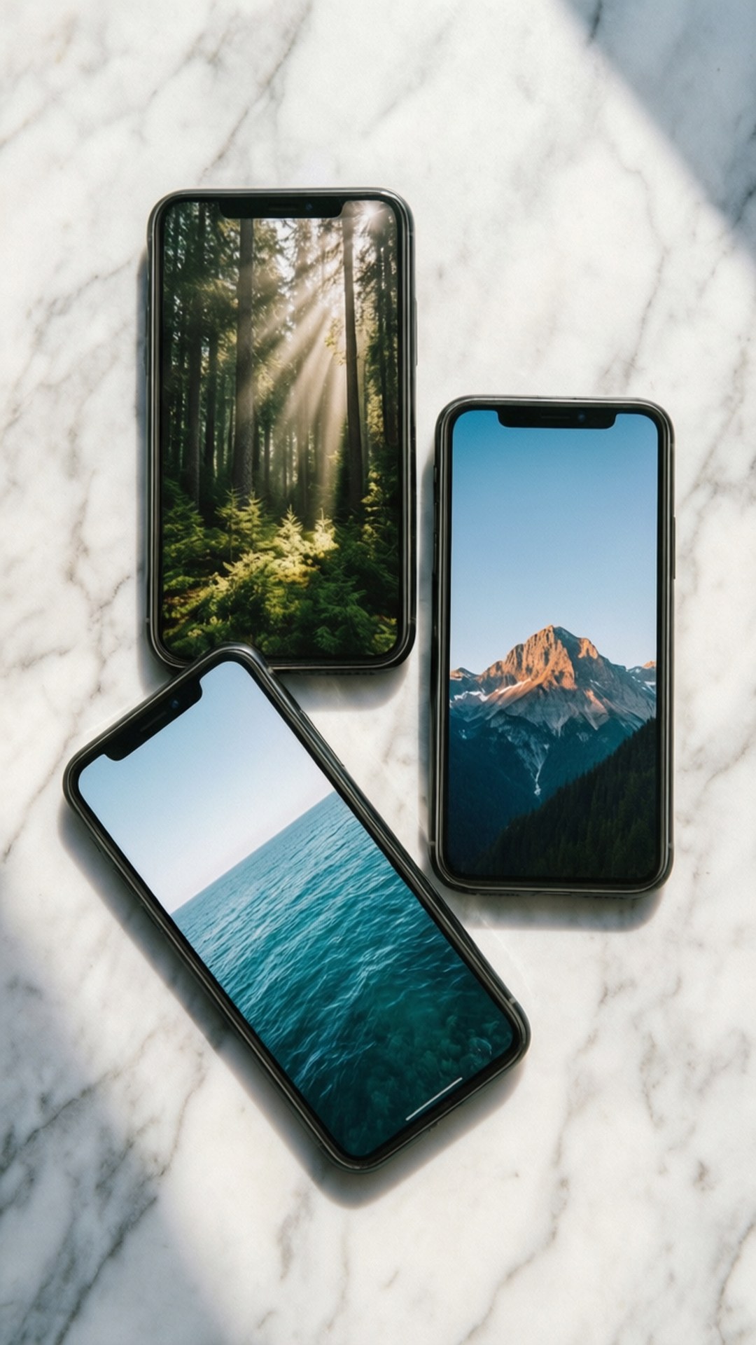 iPhone 三機自然主題 壁紙 — 三部智能手機在陽光照射的大理石表面上顯示自然壁紙，分別呈現森林、海洋和山景。