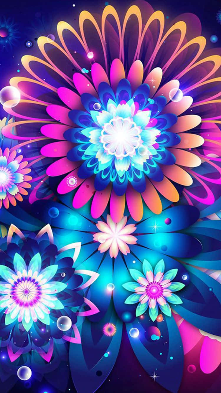 宇宙色彩的霓虹發光花朵，帶有漂浮球體和閃爍光芒。
