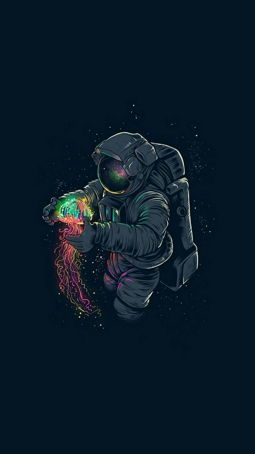 iPhone 上的現代圖形設計 壁紙 — 一位身穿深色太空衣的太空人，在繁星點點的宇宙背景下，輕輕地抱著一隻發光的霓虹水母。