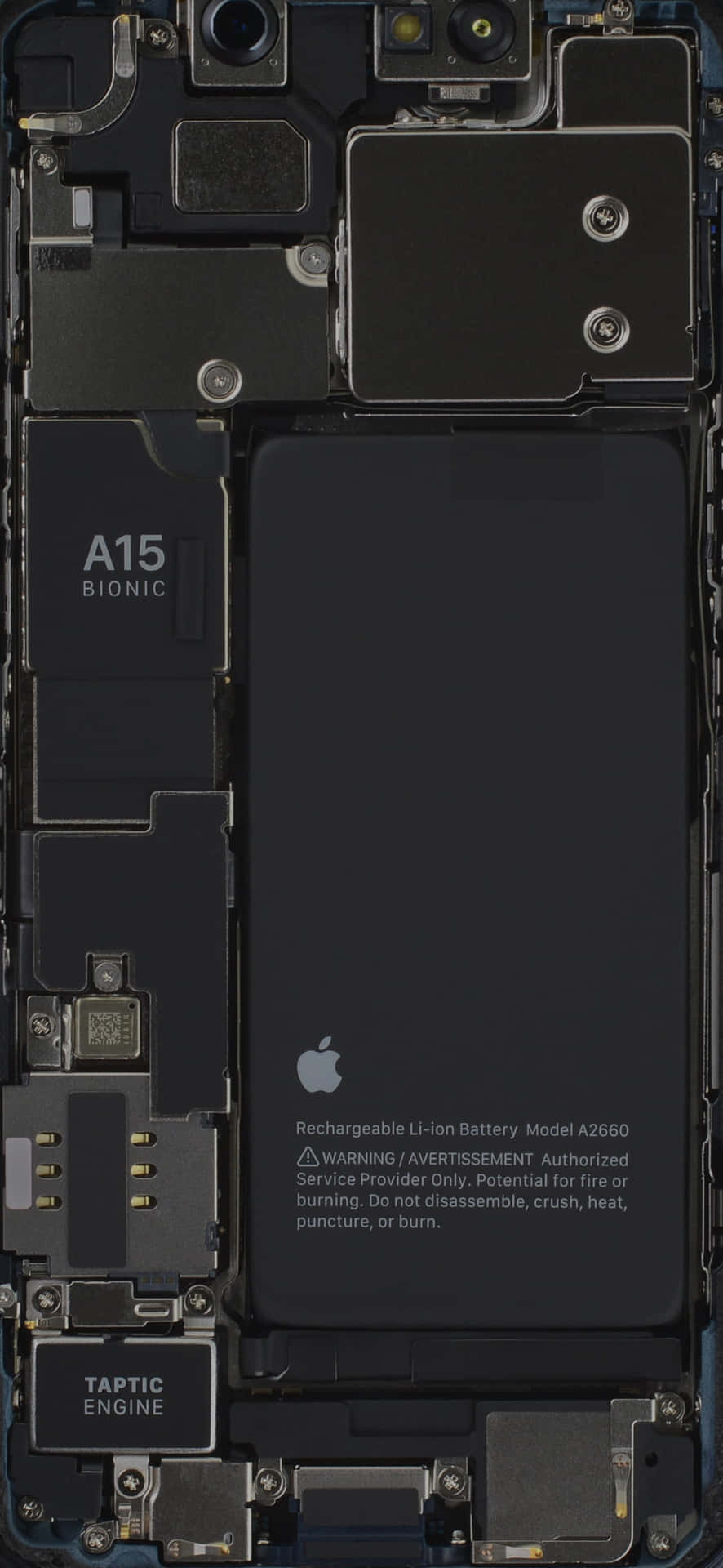 iPhone 13 Mini 桌布 壁紙 — iPhone 內部組件的特寫視圖，包括 A15 Bionic 晶片和電池。