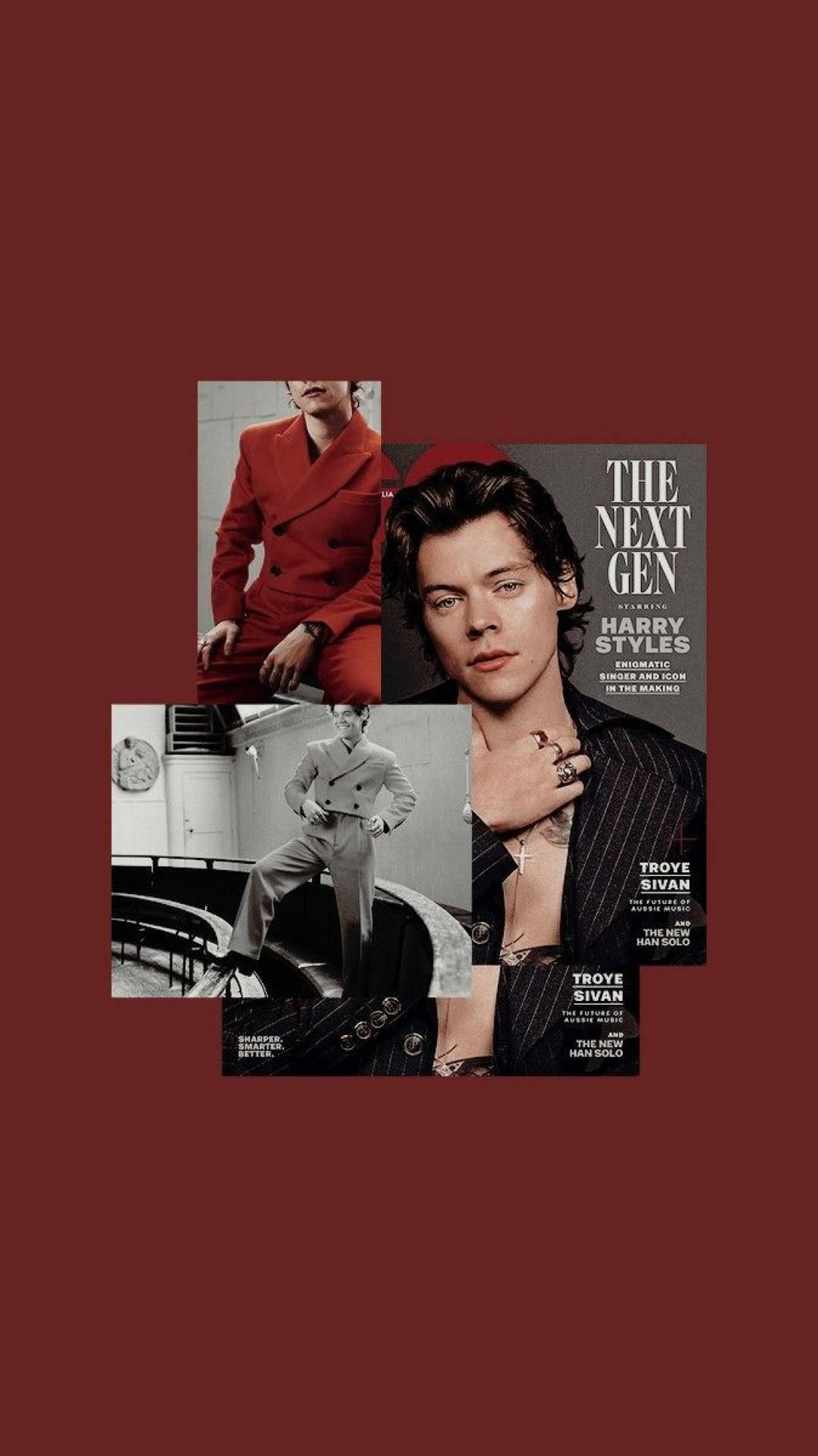 紅色背景上的Harry Styles和Troye Sivan雜誌封面拼貼畫。