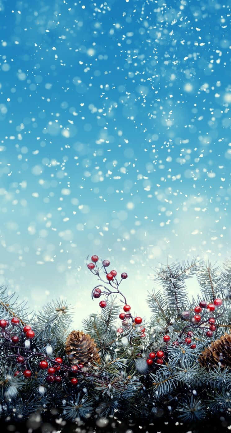 節日常青樹枝，帶有紅莓和松果，在飄雪中映襯著藍天。