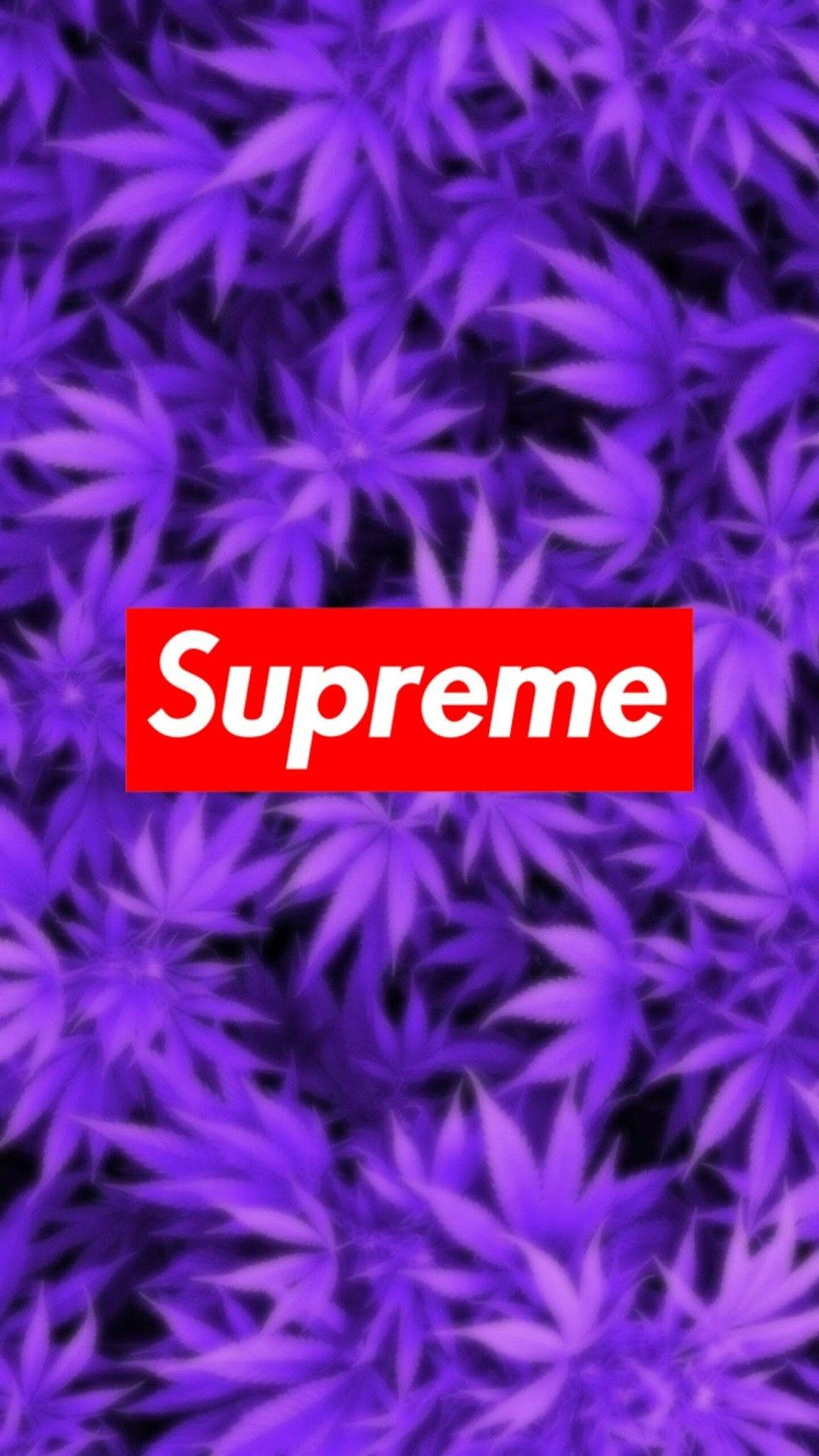 紫色大麻葉，中央有紅色Supreme標誌。
