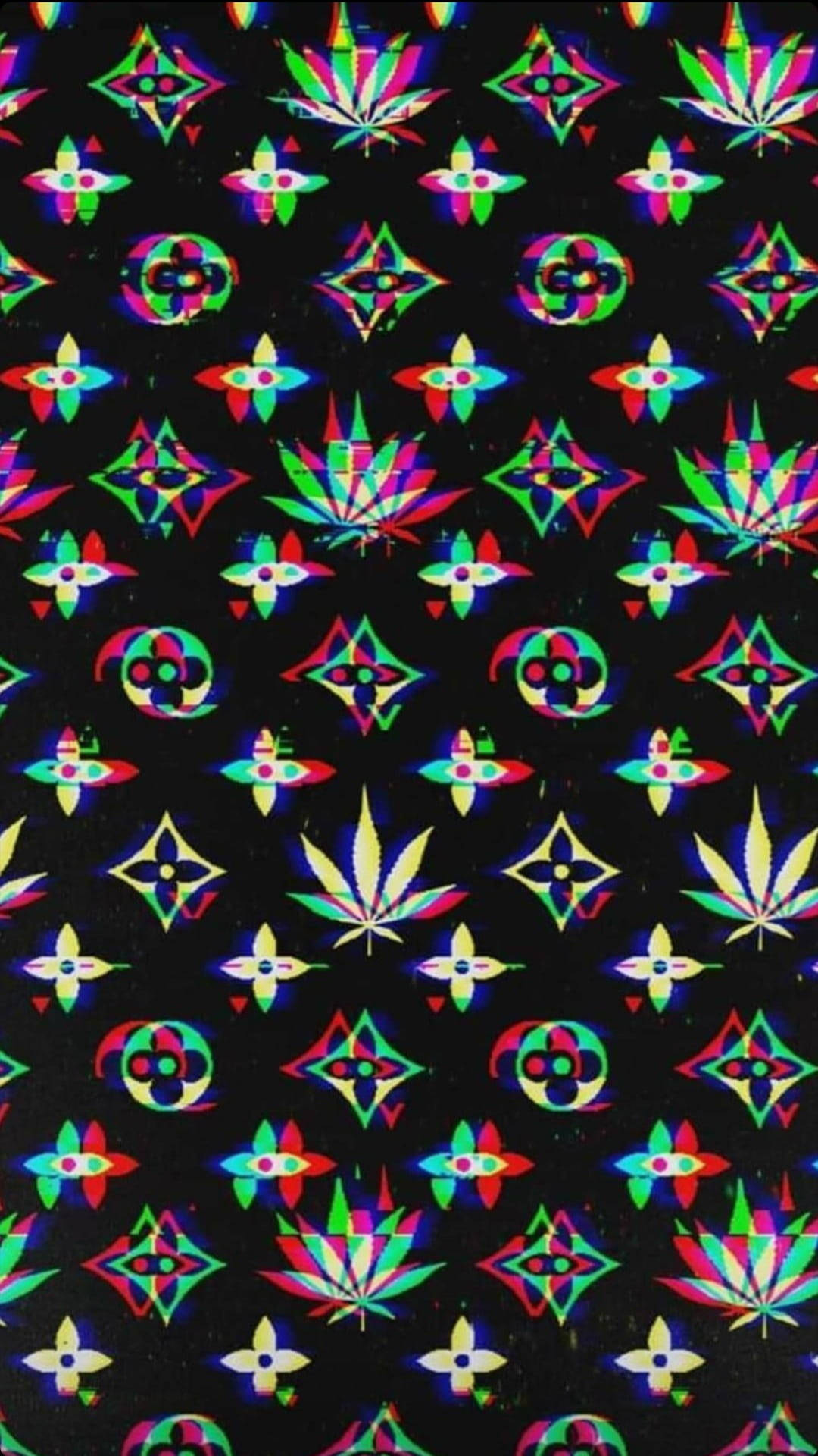 黑色背景，帶有色彩繽紛的迷幻大麻和幾何圖案。