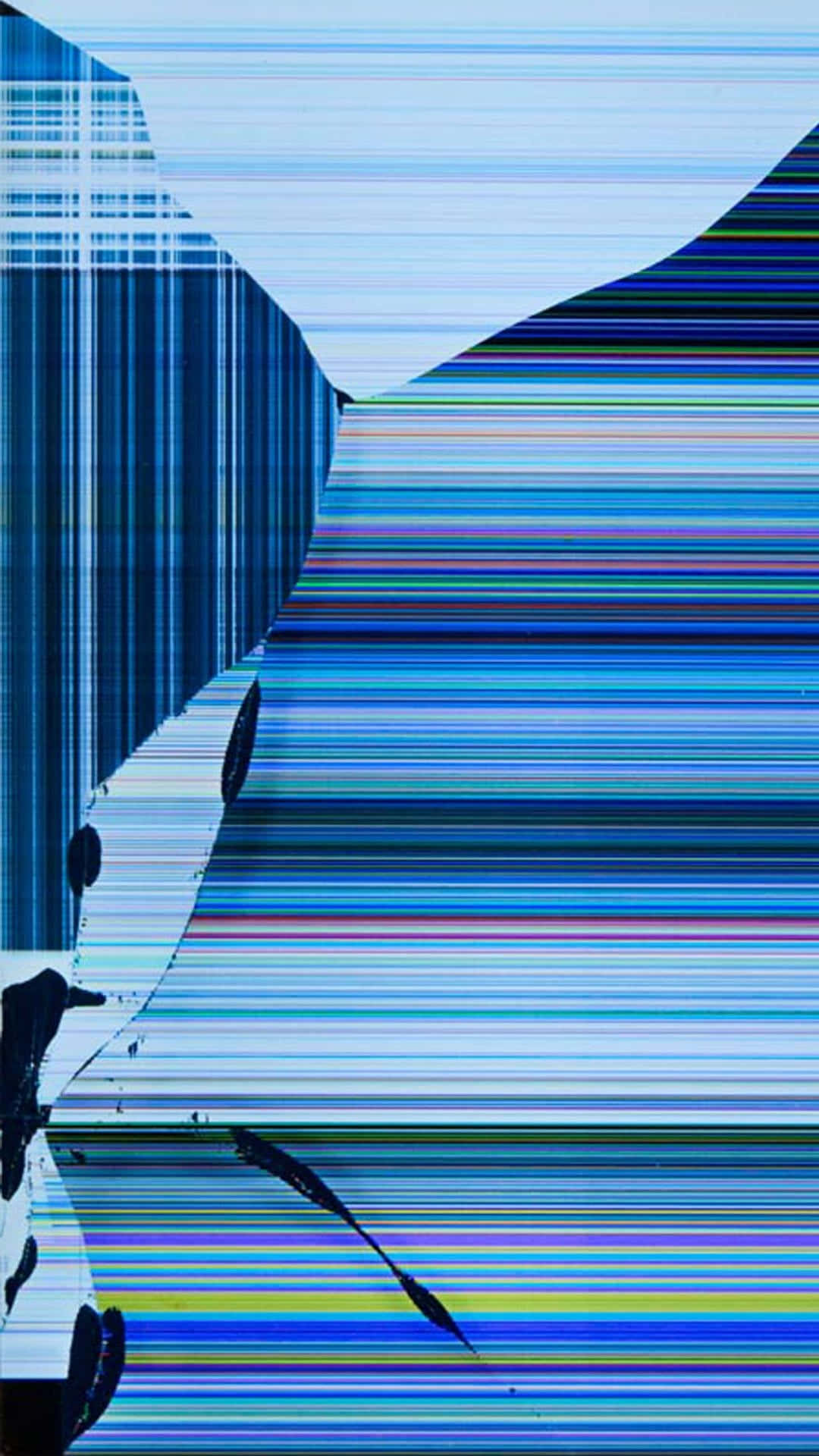 iPhone 屏幕裂痕彩虹惡作劇照片 壁紙 — 抽象數位故障藝術，帶有粗獷的藍色條紋和破碎的幾何形狀，營造出碎裂的視覺效果。