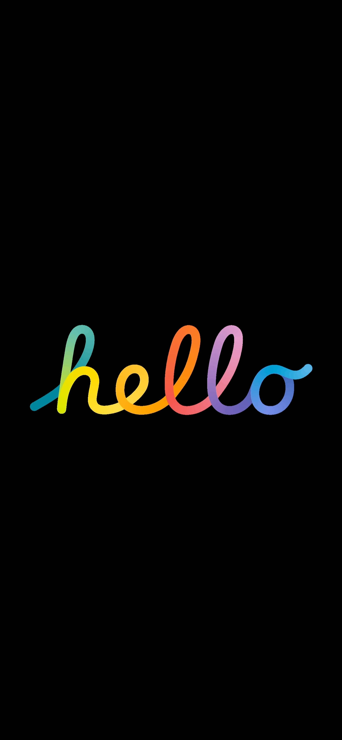 iPhone 彩虹問候語 壁紙 — 「hello」一詞在純黑色背景上以鮮豔的彩虹漸變發光。