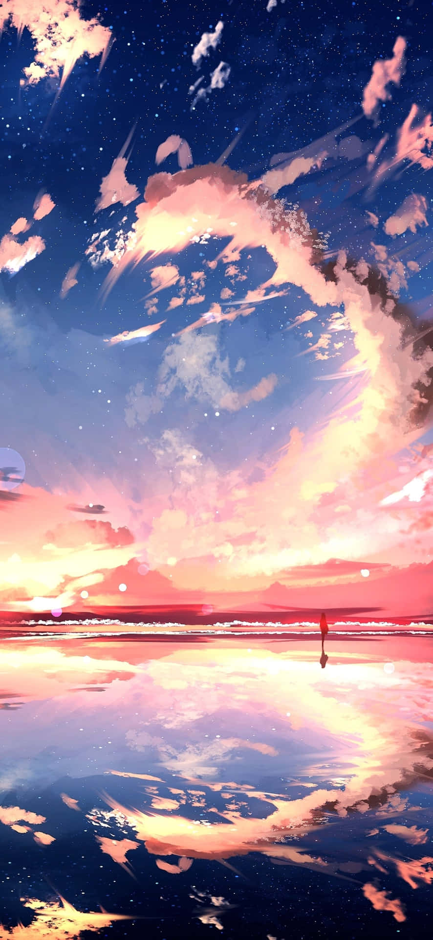 一個孤獨的人在海灘上，在漩渦般的宇宙日落天空下，帶有星光倒影。
