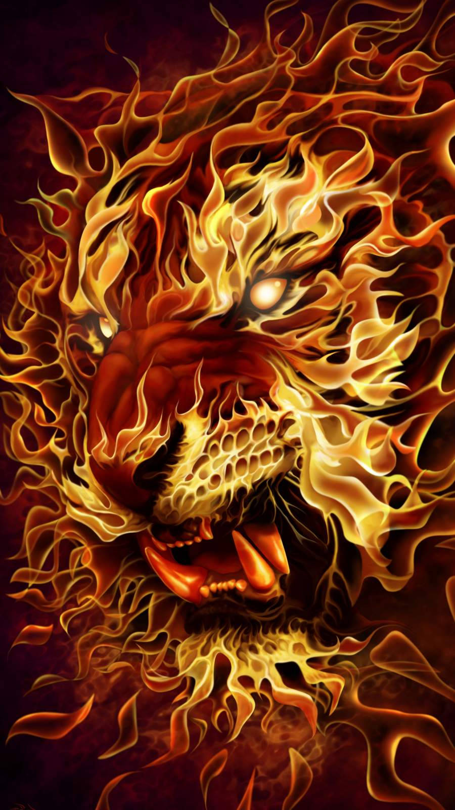 一隻由火焰組成的咆哮獅子，眼睛和火焰發光。