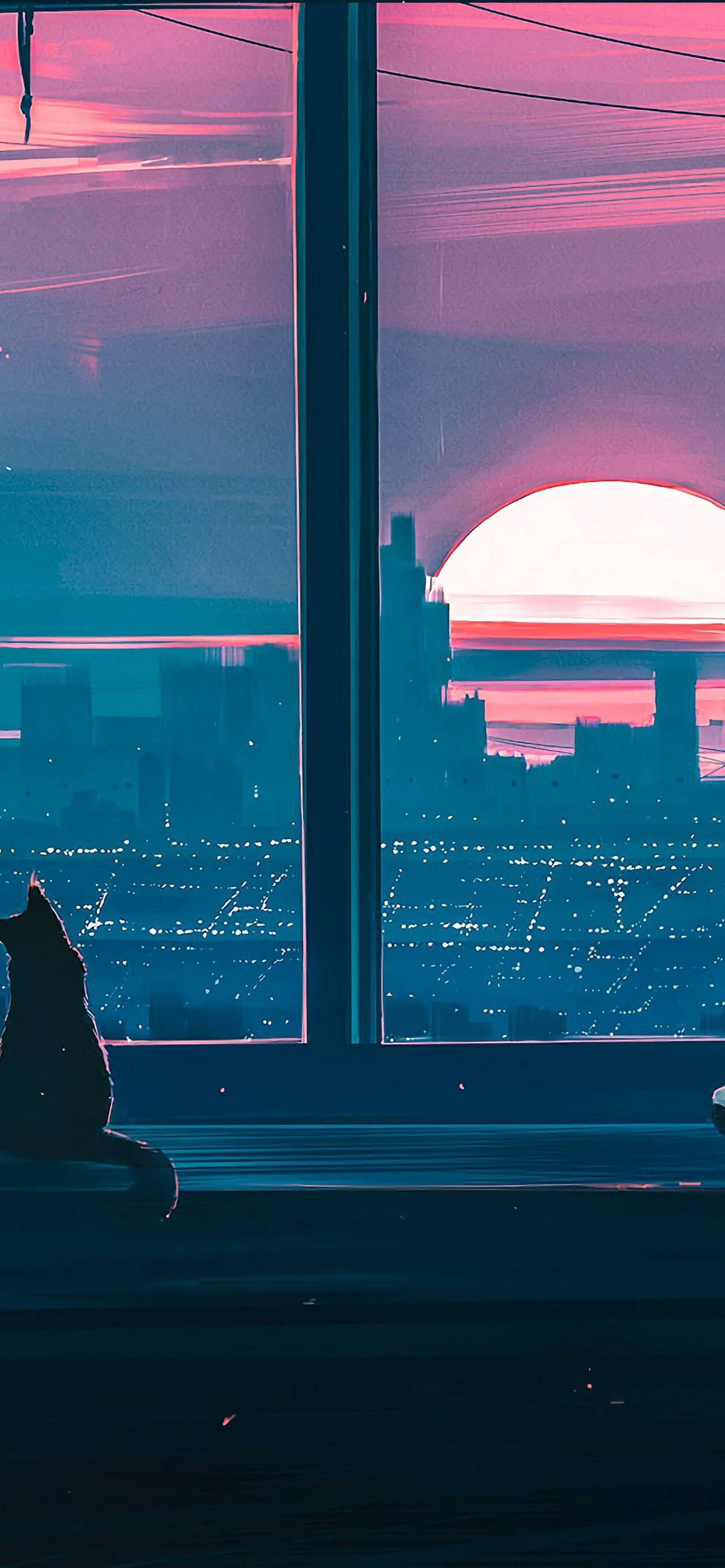 iPhone 用動漫風夕陽美景 - 窗邊貓咪 壁紙 — 一隻貓以剪影姿態坐在窗台上，凝視著被粉紅色和藍綠色夕陽色調浸染的城市景觀。