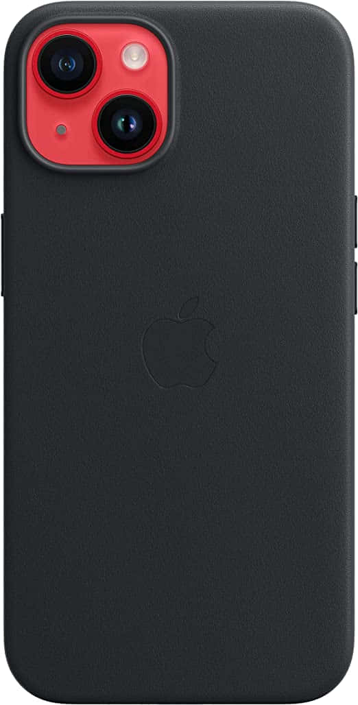 iPhone 的經典輪廓 壁紙 — 黑色皮革 iPhone 保護殼，帶紅色相機模組和壓印 Apple 標誌。