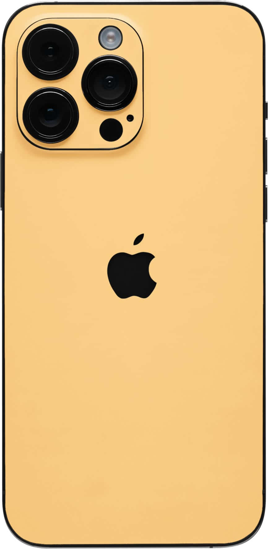 iPhone 粉絲欣賞他們的新手機 壁紙 — 金色 iPhone 14 Pro Max，黑色相機模組和 Apple 標誌，在乾淨的攝影棚燈光下展示。