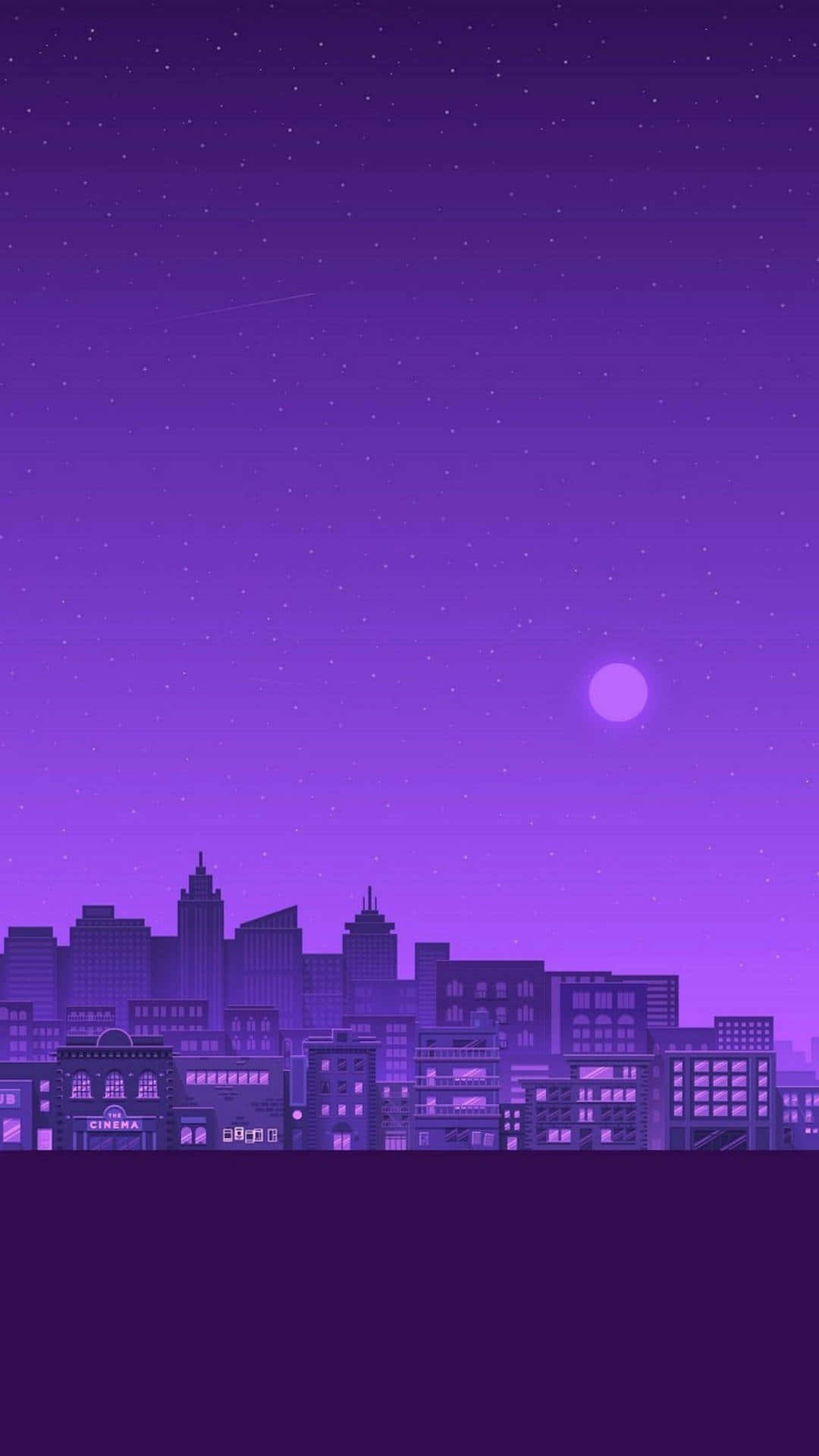 夜晚的紫色城市天際線，月亮和星星